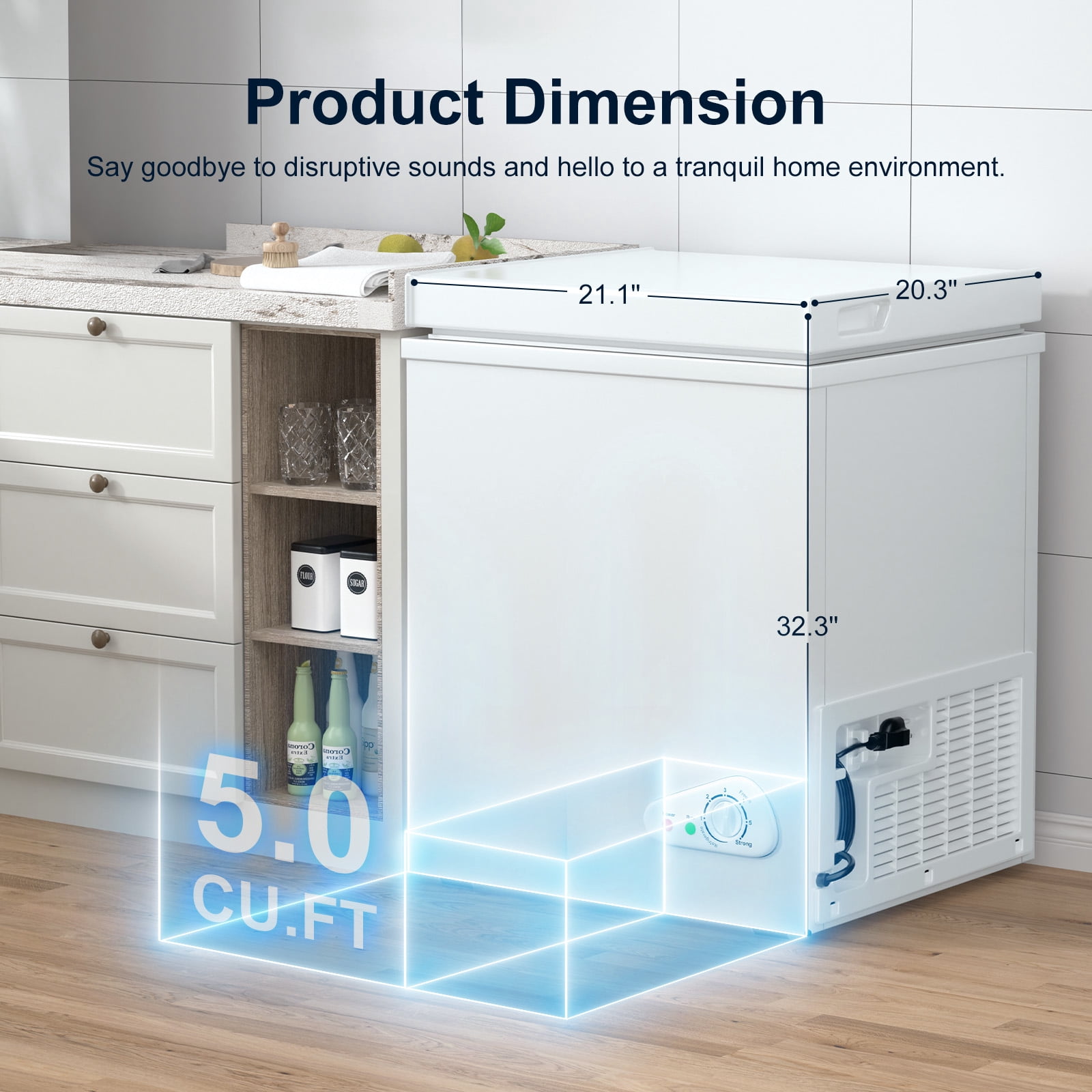 DISHUP 5.0 Cu.Ft Chest Freezer, Compact Freestanding Deep Freezer with 7 Level Adjustable Thermostat & Removable Basket,Top Opening, Low Noise(White)