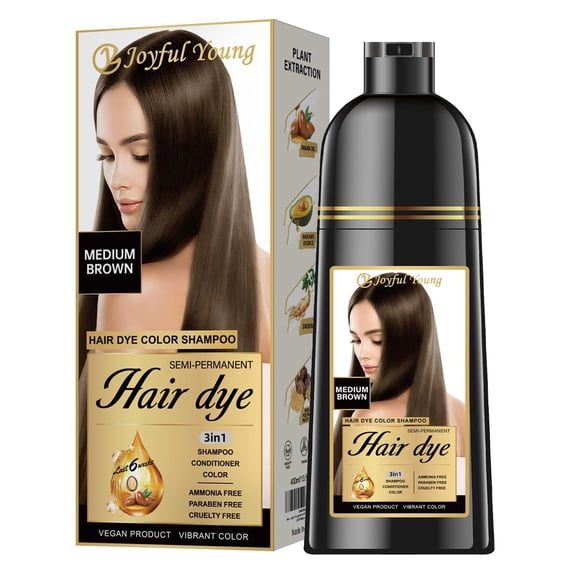Hair Dye Shampoo 3-in-1, Semi-Permanent Gray Hair Coverage, Color Depositing Shampoo for Women & Men, Vegan, Ammonia-Free (Medium Brown)