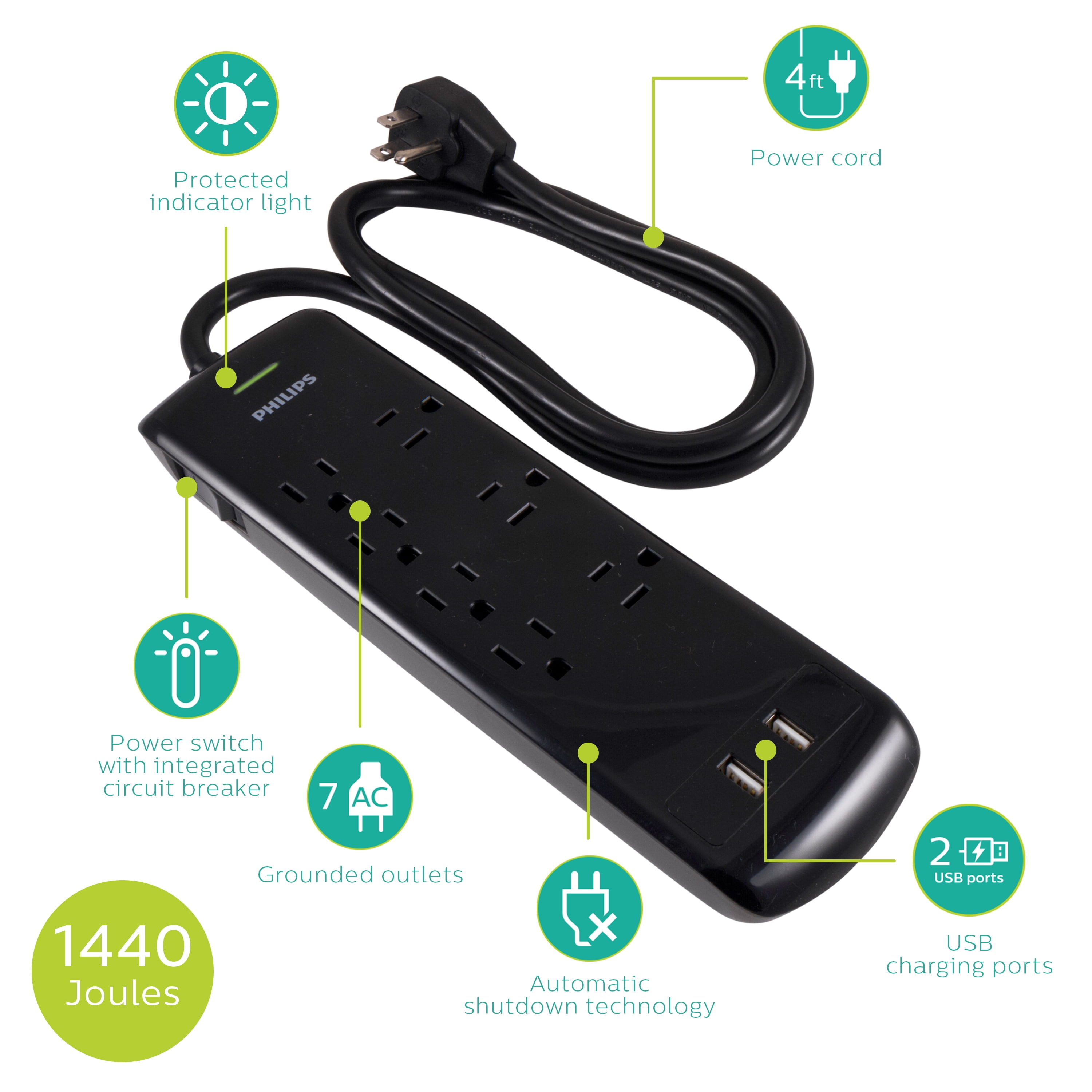 Philips Elite 7-Outlet Surge Protector with USB, 2 Ports, 2.4A, 1440J, 4ft Cord, Black