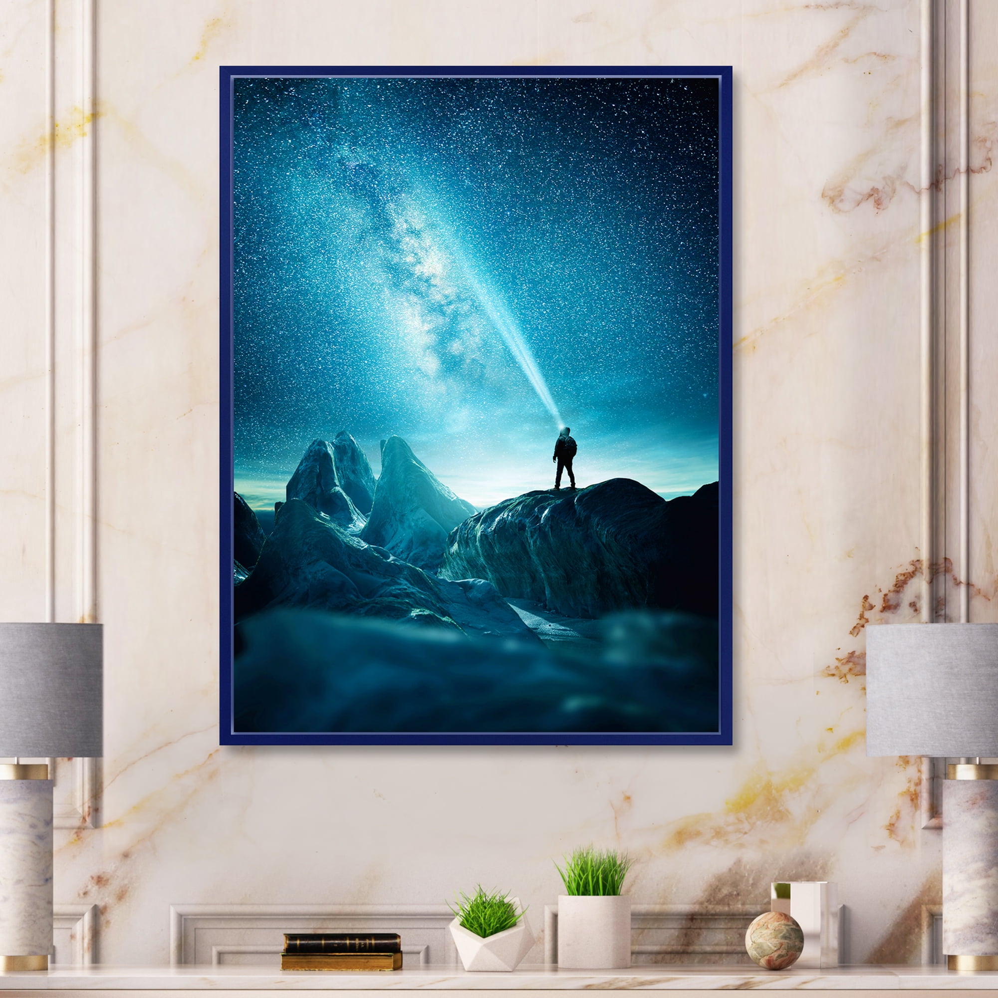 Designart 'A Light Shining by A Man Shining Into The Night Sky' Modern Framed Canvas Wall Art Print