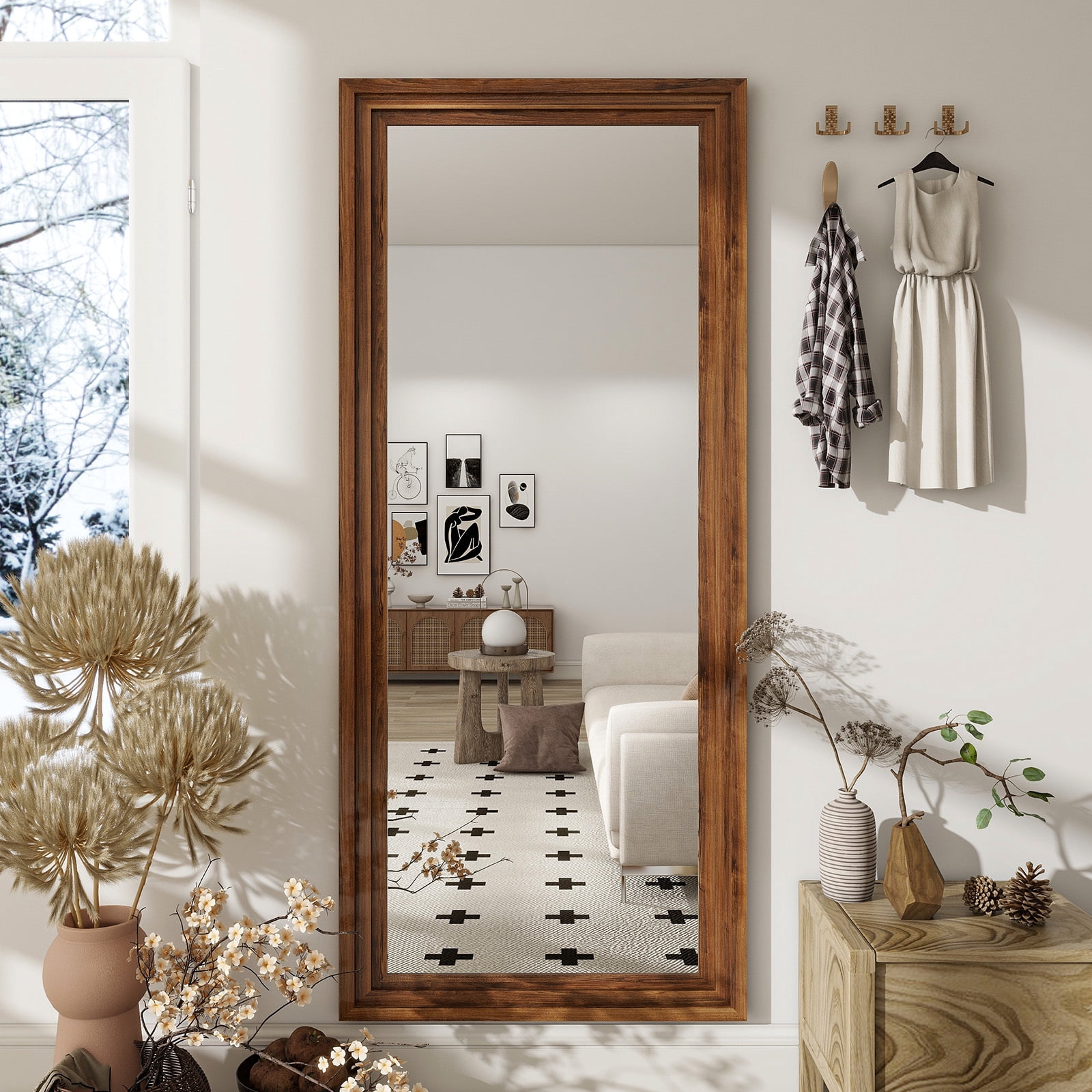 BEAUTYPEAK 21"x 64" Classic Paulownia Wood Framed Rectangle Full Length Mirror, Brown