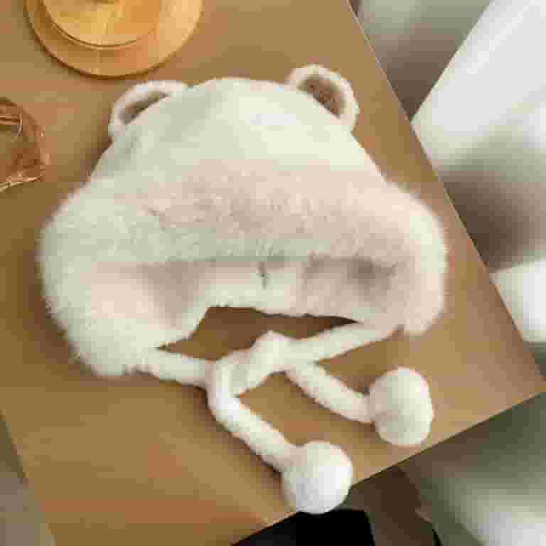 ◆FOLNUA◆ REVERSIBLE TEDDY EARFLAP CAP IVORY F24FWFSHT040IV Cute Plush Faux Fur Cap with Ear Flaps Fuzzy Bear Hat Soft
