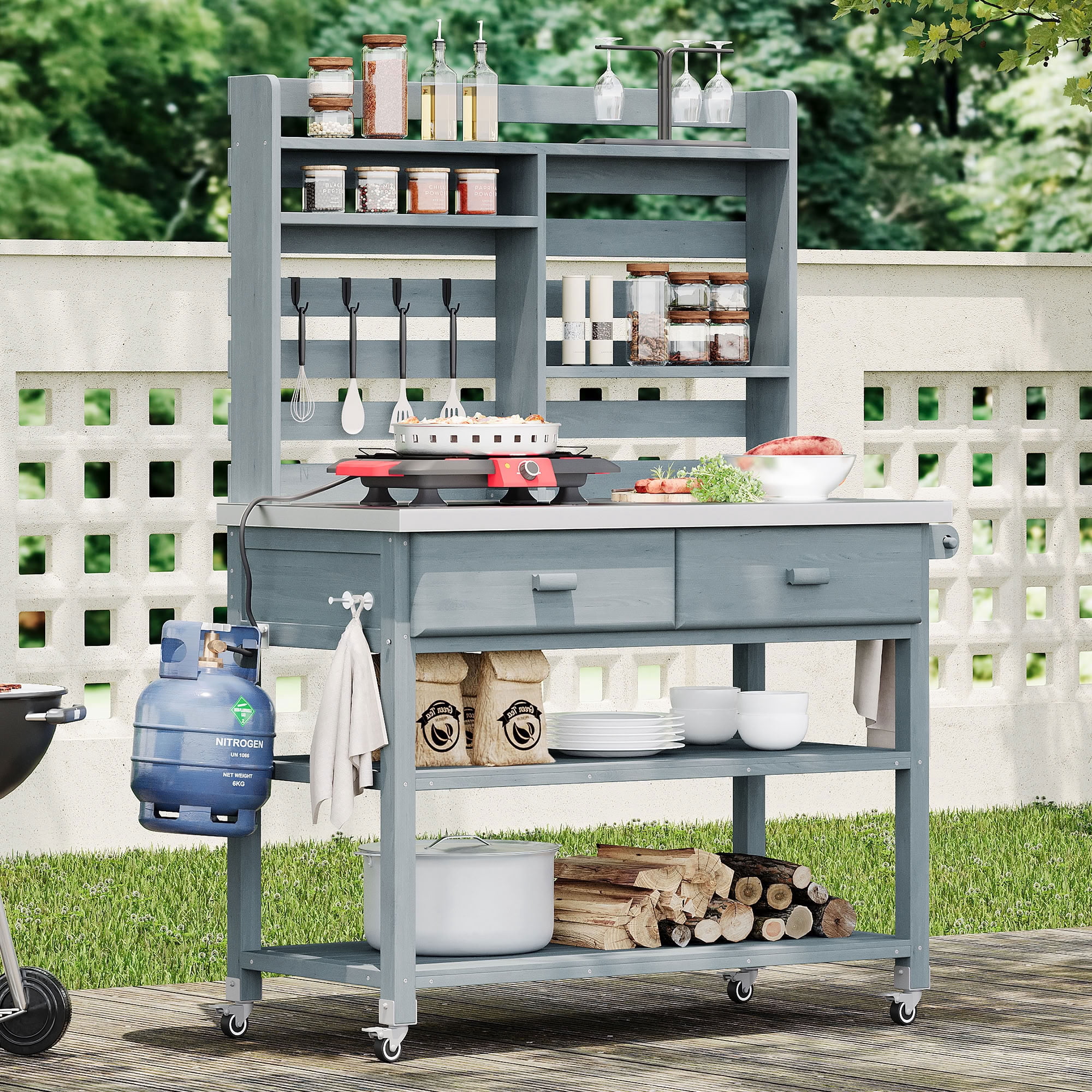 MAYEERTY Outdoor Potting Bench with Lockable Wheels, Wood Workstation with 2 Large Drawers, Towel Rack, Bottle Opener & Propane Tank Rack for Grilling, Gardening, Patio Lawn