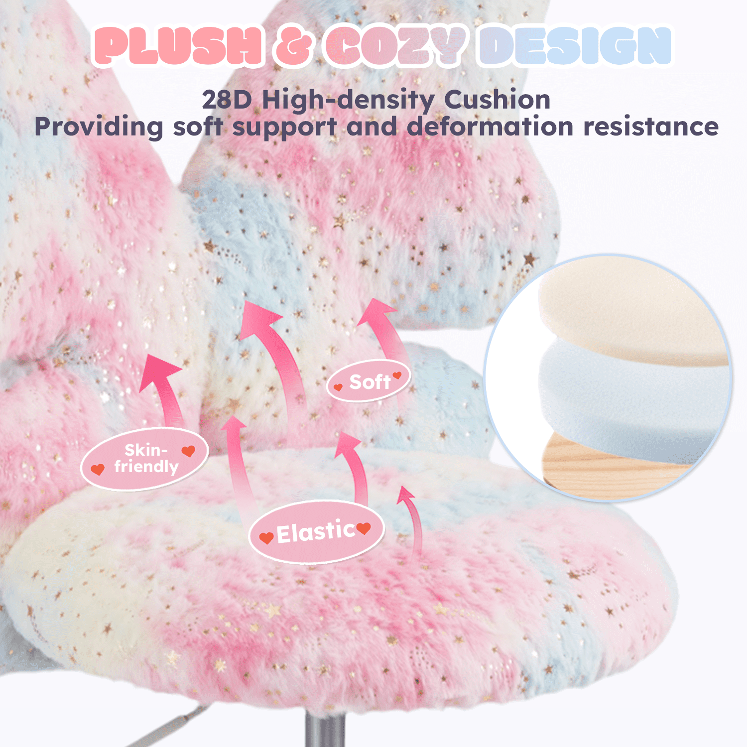 Kids Desk Chair with Butterfly Back, Adorable Fluffy Wheeled Desk Chair for Girls, Faux Fur Adjustable Height Swivel Vanity Chair for Kids Bedrooms and Reading Rooms,Colorful Pink