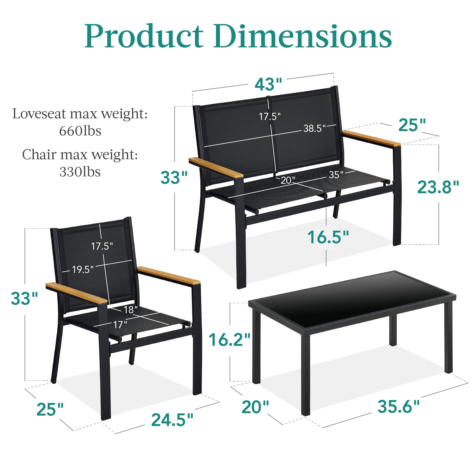 Best Choice Products 4-Piece Outdoor Textilene Patio Conversation Furniture Set w/ Loveseat, Table - Black/Black