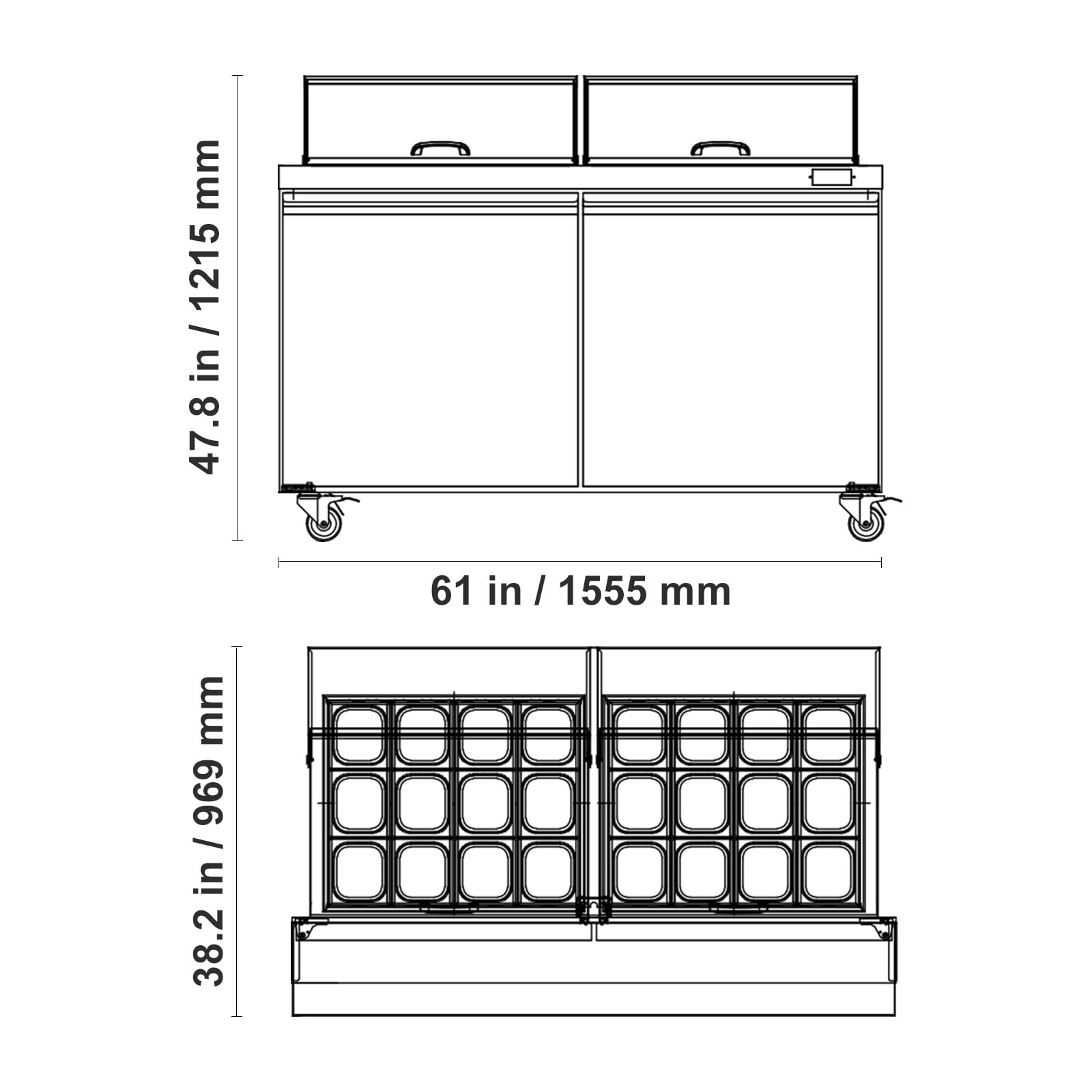 KFFKFF 60"W Commercial Refrigerator, 15.4 Cu. Ft Sandwich Prep Table, Mega Top Food Prep Fridge with 24 Pans and Cutting Board, Stainless Steel Salad Prep Cooler for Restaurants and Food Trucks