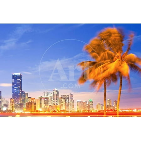 City of Miami Florida Night Skyline Palm Trees Print Wall Art By