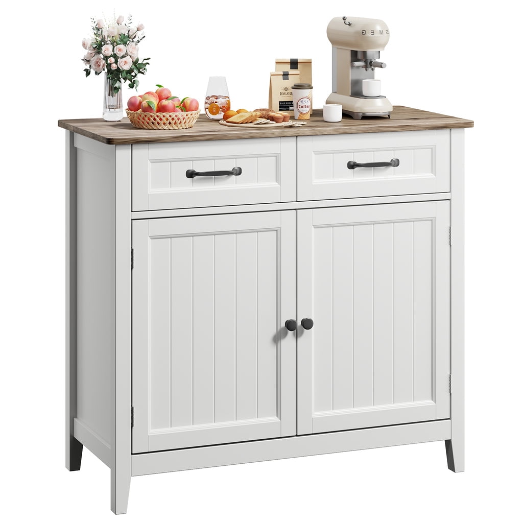 Coffee Bar Cabinet, Aiho 35" Farmhouse Kitchen Pantry Storage Cabinet, 2 Drawers, Adjustable Shelf - White+Gray