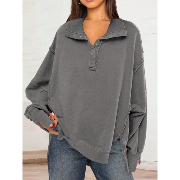 Women's Long Sleeve Pullover Hoodie with Button Neck and Raw Hem Detail - Small, Gray