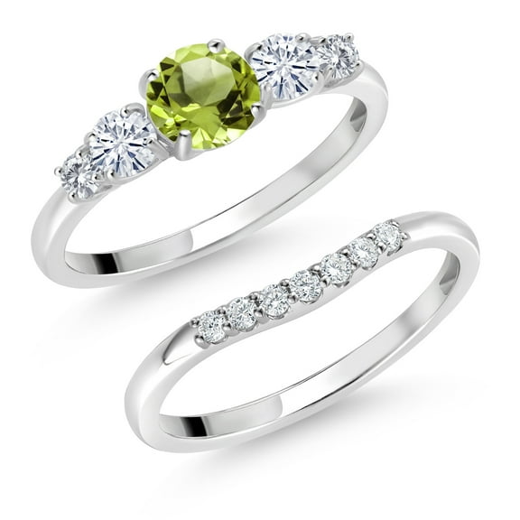 Gem Stone King 10K White Gold Green Peridot White Moissanite and White Lab Grown Diamond 5 Stone Bridal Engagement Wedding Ring Set for Women (0.86 Cttw, Round: 5MM and 3MM, Size 7)