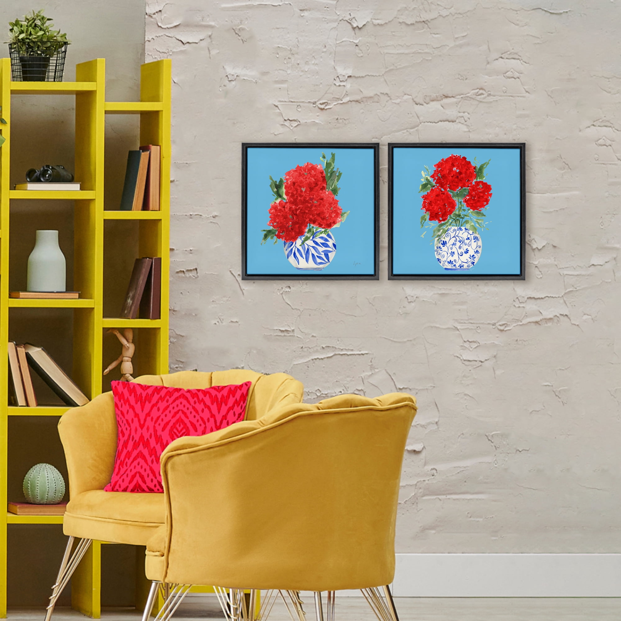 Stupell Industries Bright Red & Blue Hydrangeas 2 Piece Black Framed Floater Canvas Set, design by Lucille Price