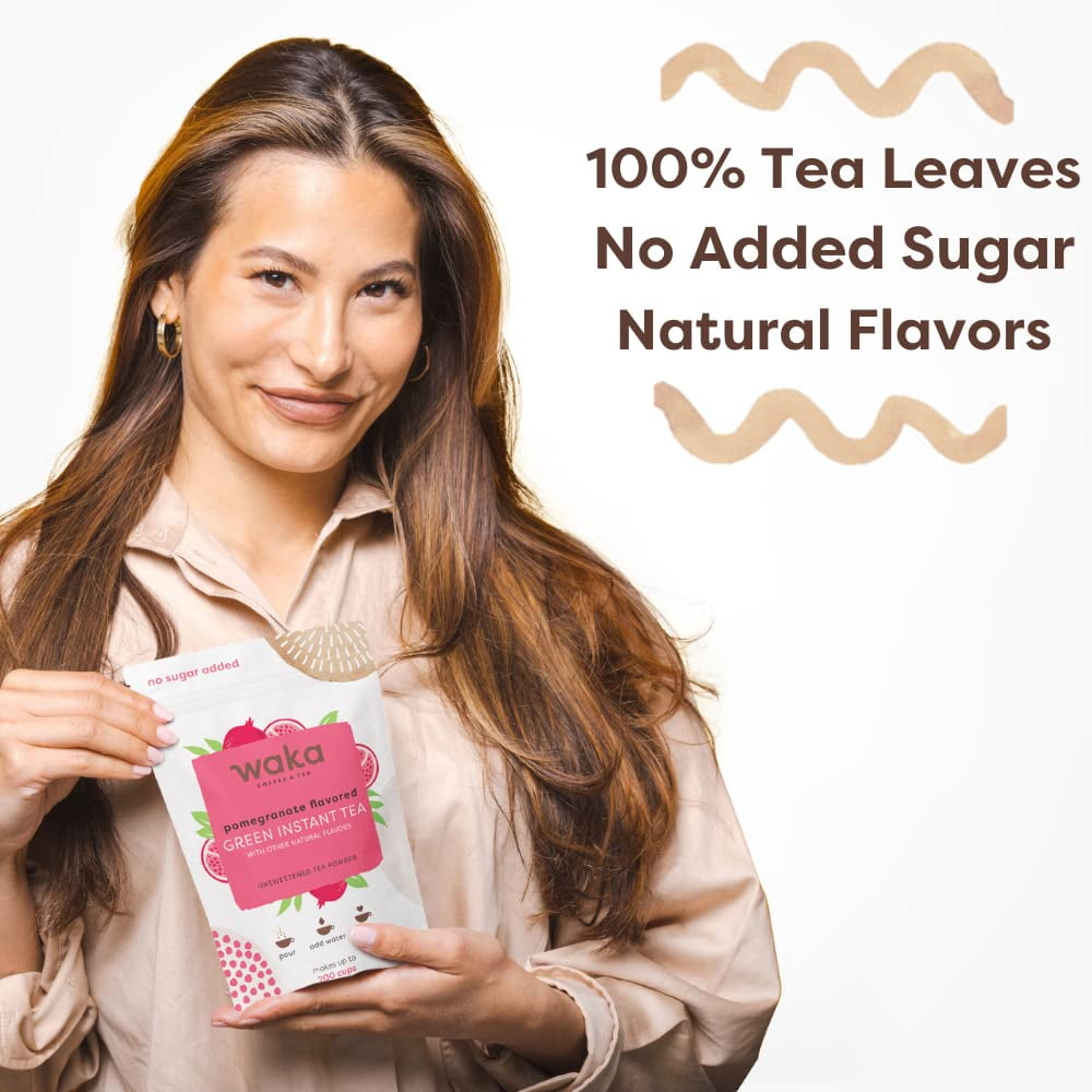 Waka Instant Tea Mix, 2 Bag Bundle - 100% Tea Leaves, No Additives, Unsweetened Tea Powders - Mango Flavored & Pomegranate Flavored Green (4.5oz Each)