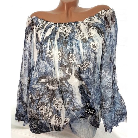 Women Floral Print Blouse Off the Shoulder Sheer Long Sleeve Loose Plus Size Top Tee Shirt