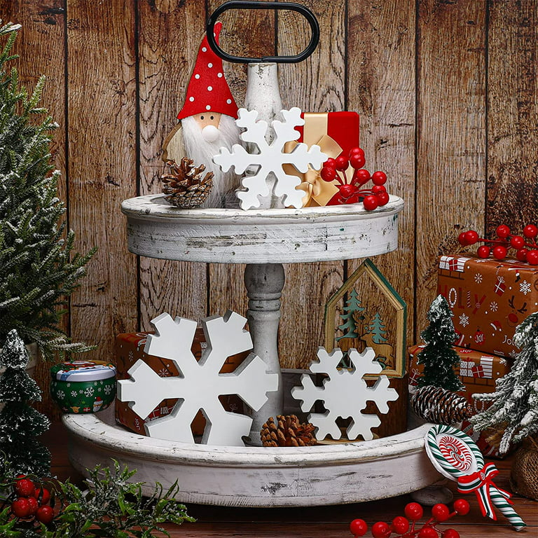  10 Pcs Winter Wooden Snowflake Decorations Tabletop Glittering  3D Snowflake Ornaments Wood Winter Tray Decor Xmas Snowflake Standing Sign  for Farmhouse Fireplace Tiered Tray (White Snowflake) : Home & Kitchen