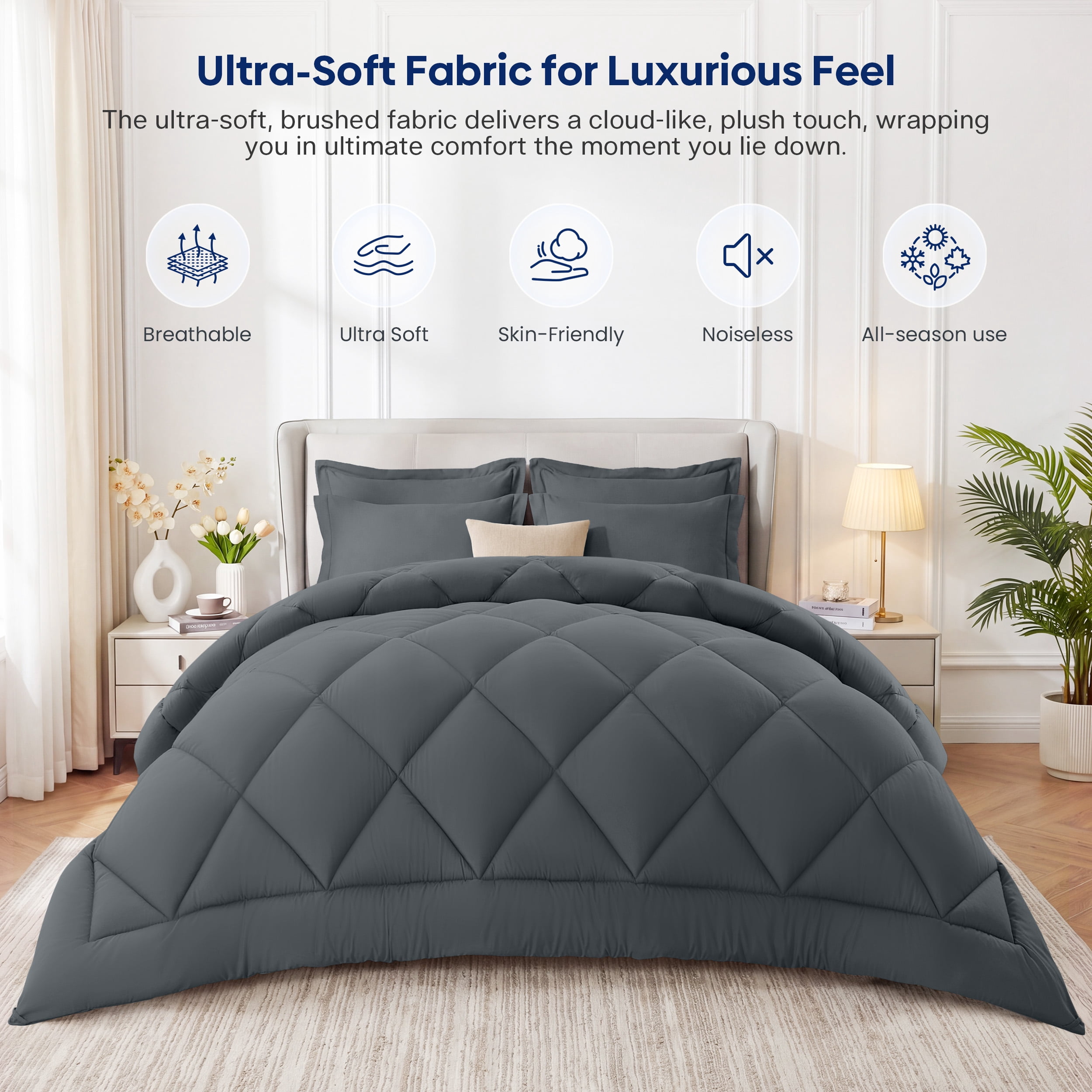 WISHEAD Comforter Queen Size All Season Soft Quilted Down Alternative Bedding Duvet Insert with Corner Tabs, Machine Washable, Dark Grey