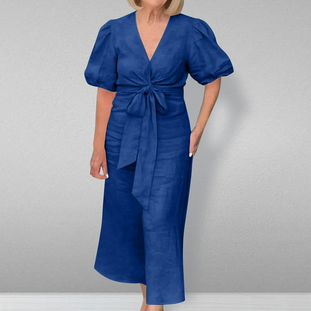 Puntoco Vestido De Manga Corta Con Cuello En V, Verano De Mujer De Color Sólido Suelto Casual Con Cordones Mangas Abullonadas Azul S