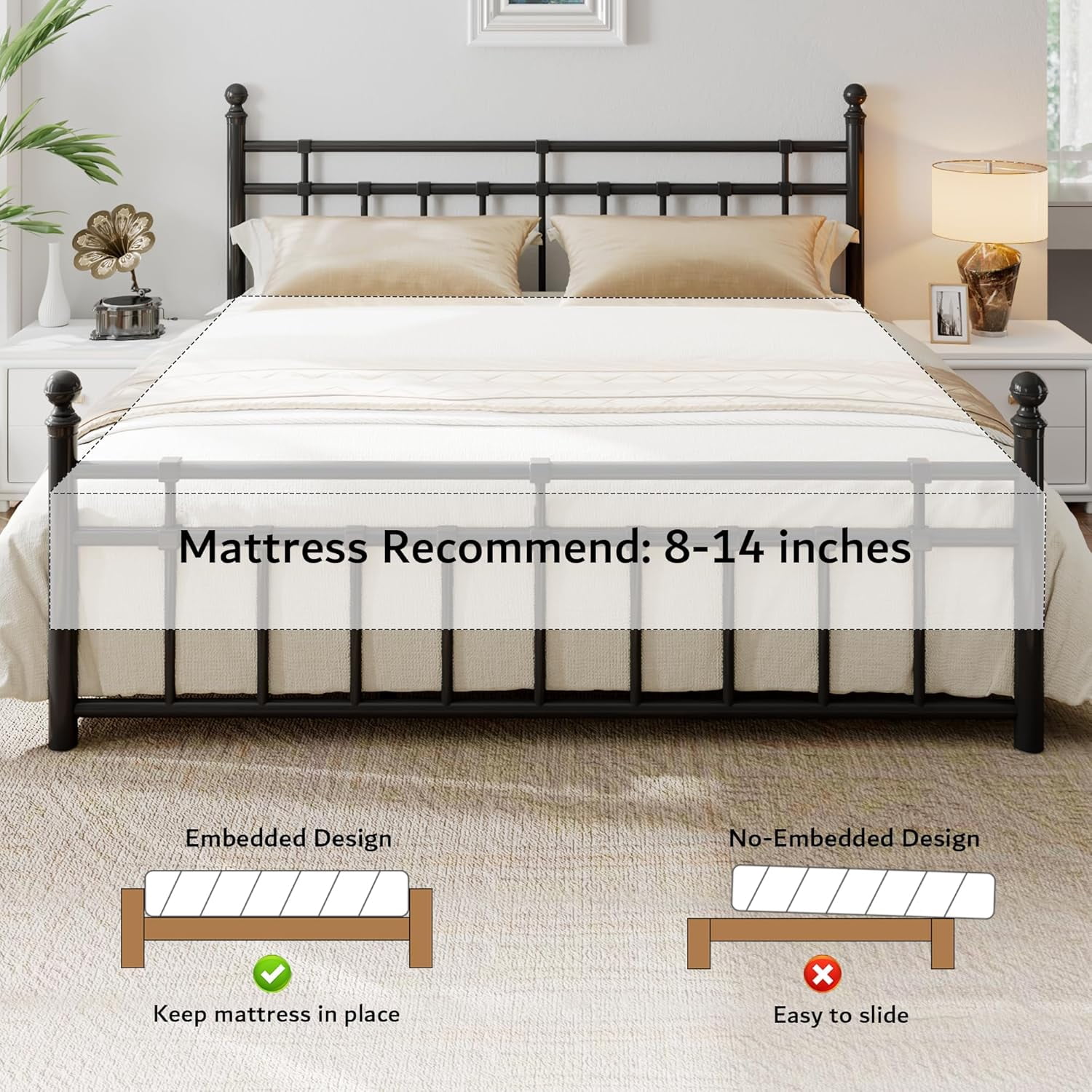 iPormis King Metal Bed Frame with Victorian Vintage Headboard and Footboard, Black