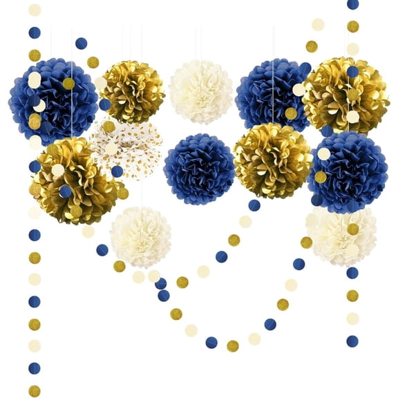 15 PCS Navy Blue Gold Tissue Paper Pom Poms for Men Birthday, Wedding, Bachelorette, Graduations, Navy Blue Engagement Party Backdrop Dot Paper Decorations