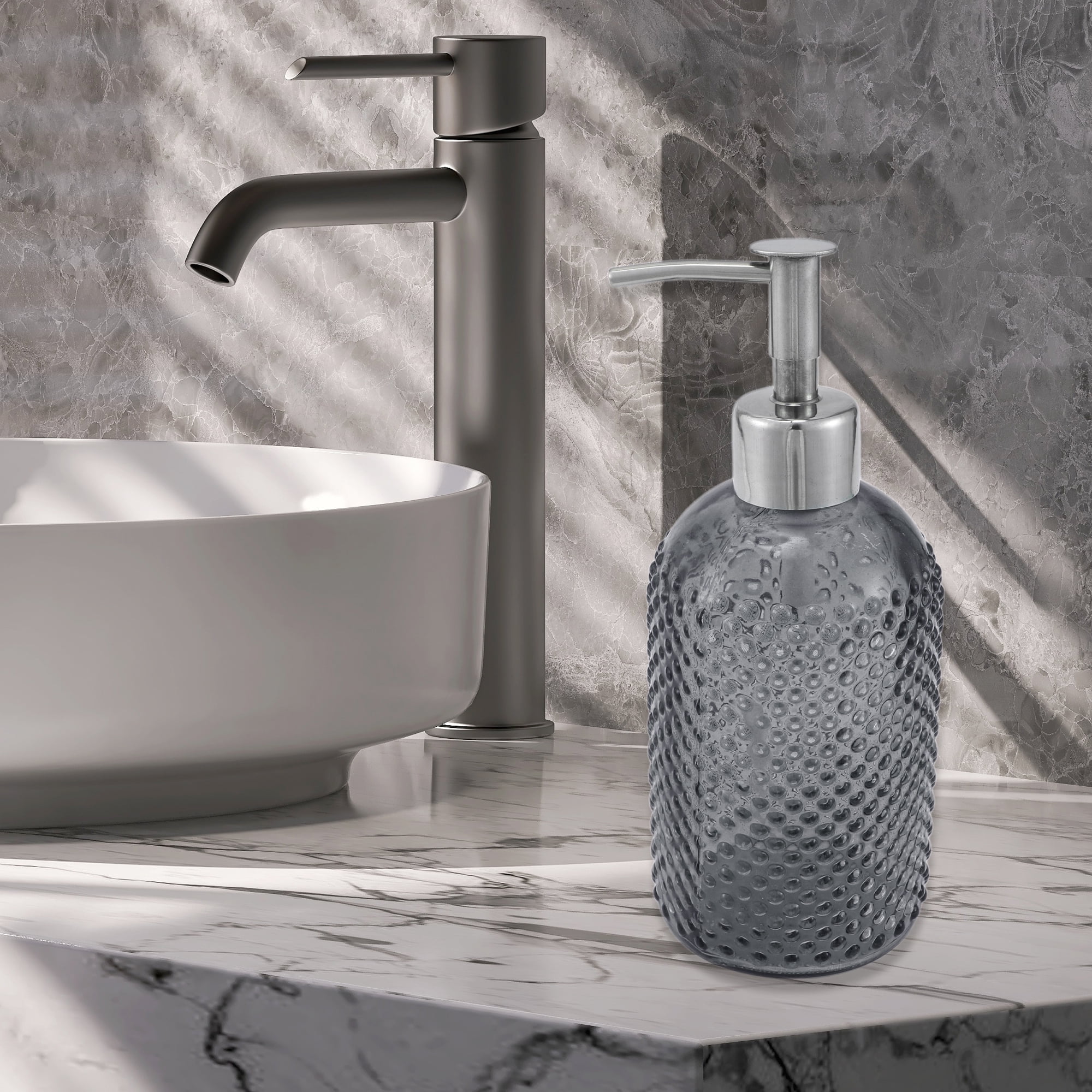 Unique Bargains 1 Pc Elegant Circle Raindrop Pattern Soap Pump Dispenser for Bathroom 13.52oz Gray Silver Tone