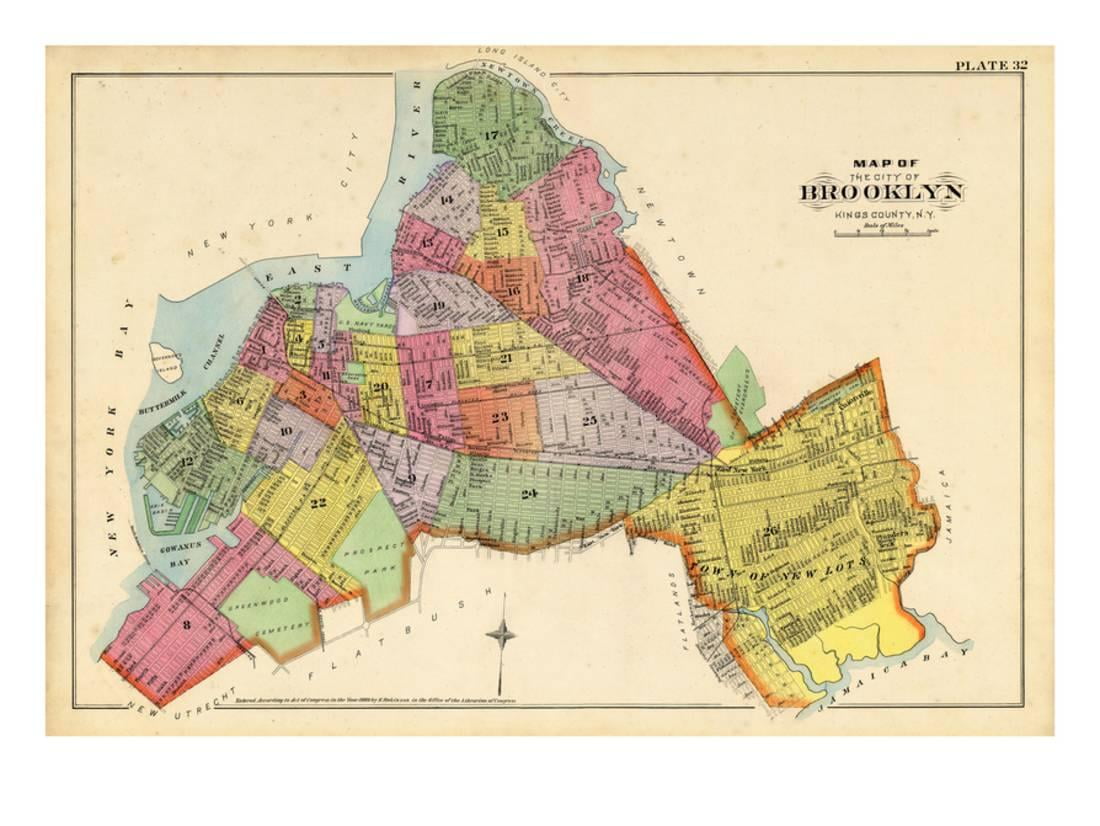 1890, Brooklyn City Map, New York, United States Print Wall Art
