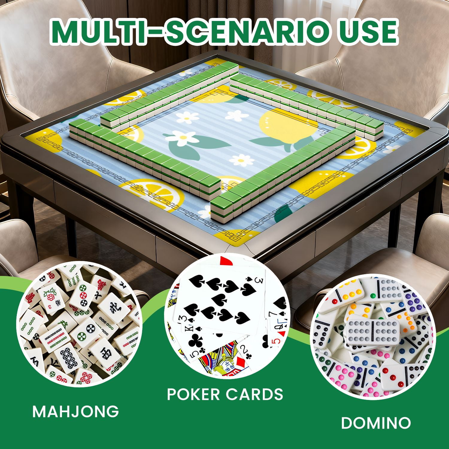 Mahjong Mat 31.5" x 31.5" Bright Lemon Yellow Fruits White Flowers Blue Striped Non-Slip Noise Reduction American Mahjong Tiles Table Cover for Dominoes Poker Card Board Games Gift