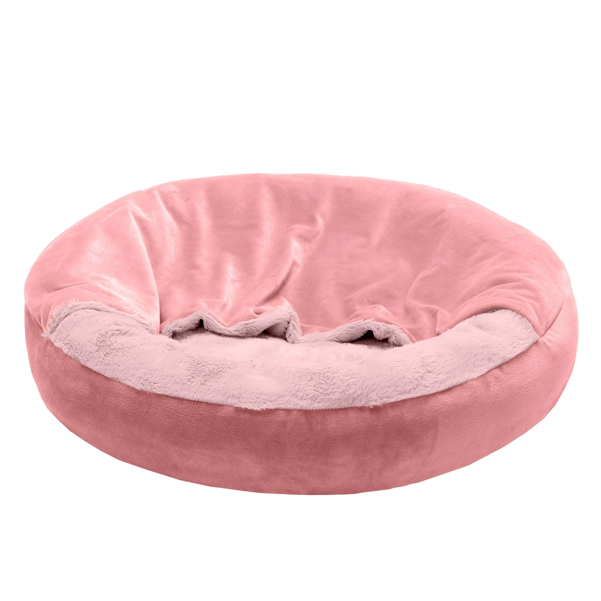 Furhaven Velvet & Wave Fur Hooded Donut Bed, Dark Gray & Rose Pink, Small