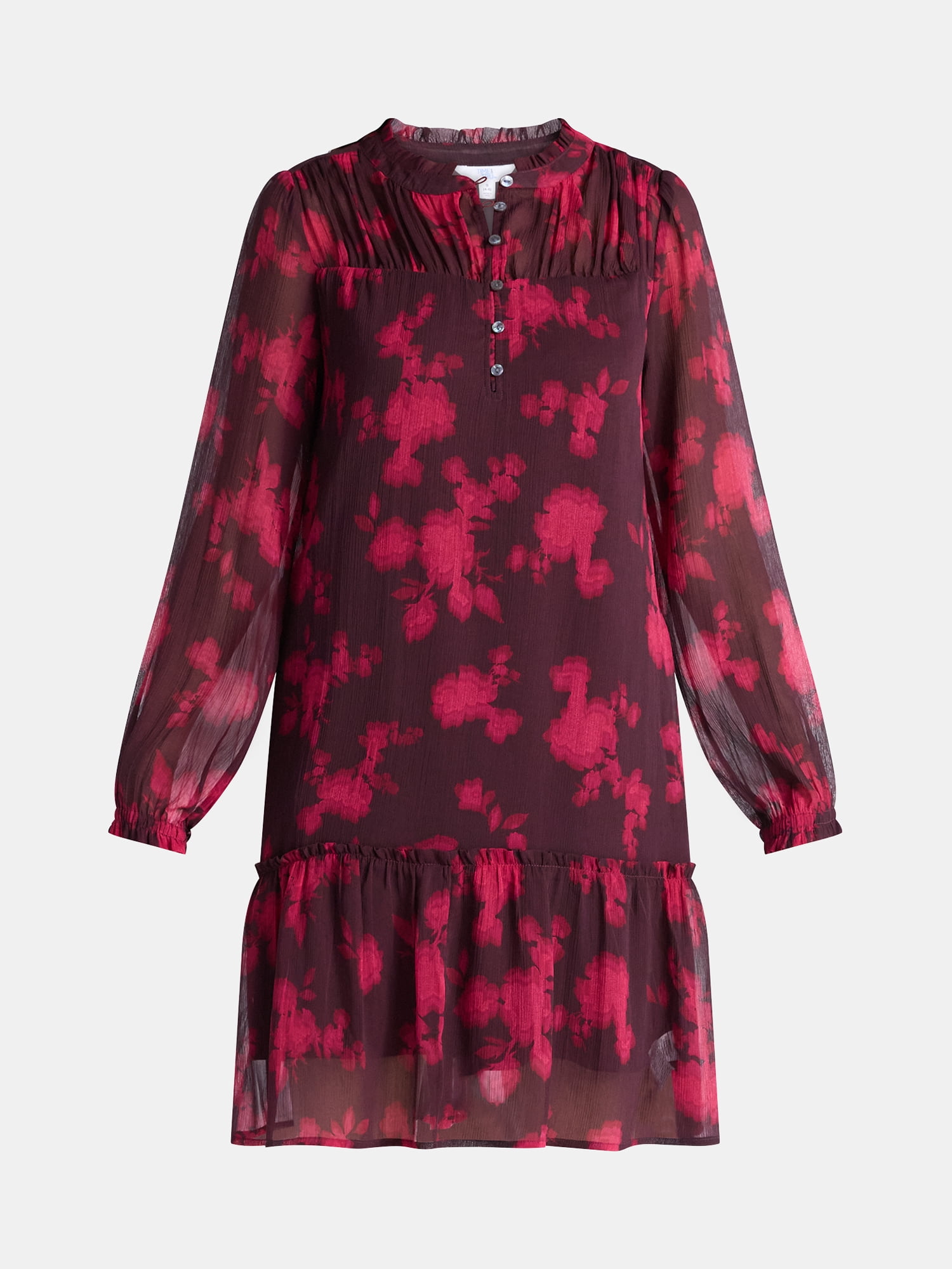 Time and Tru Women's Pintuck Yoke Dress with Long Sleeves, Sizes XS-XXXL