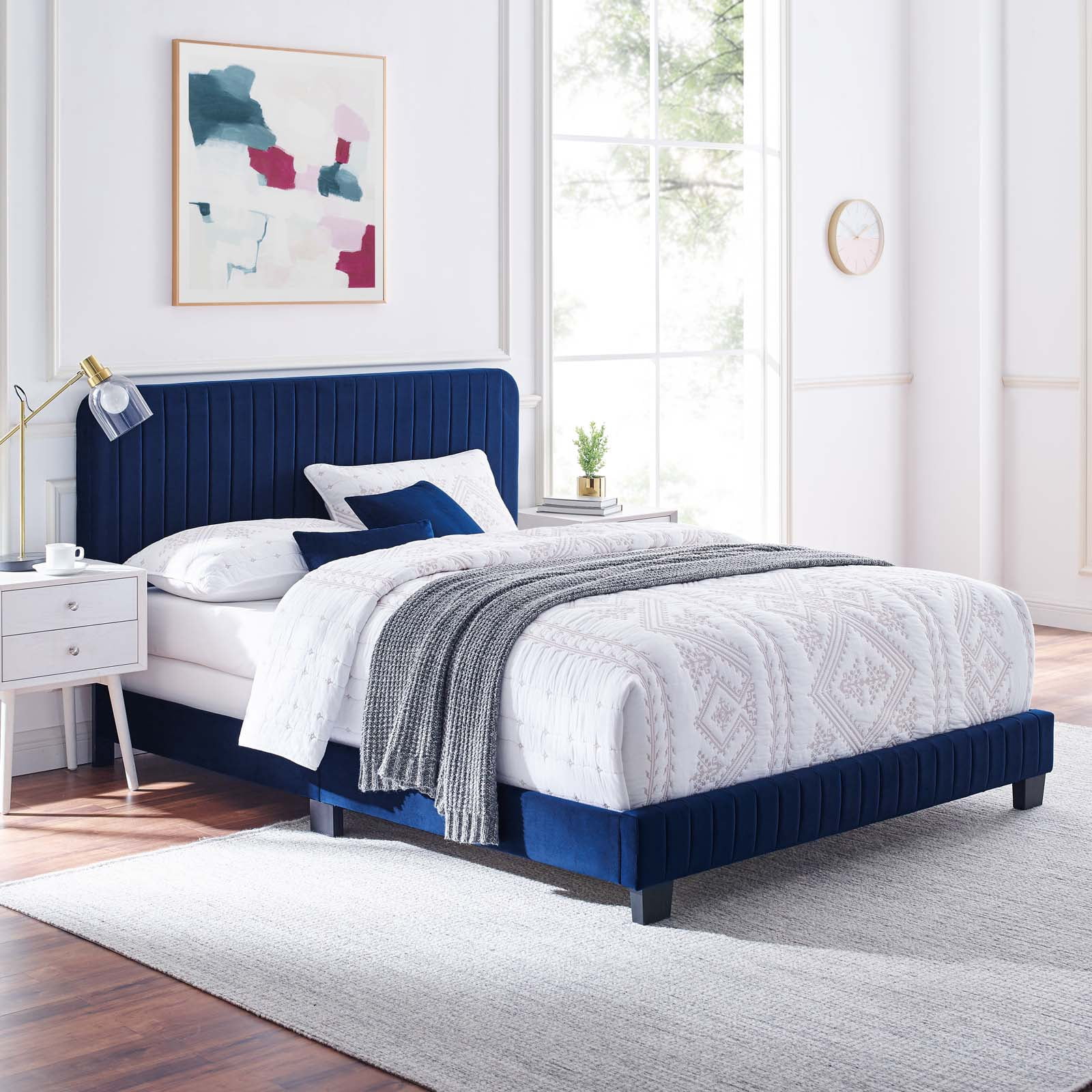 Tufted Platform Bed Frame, King Size, Velvet, Blue Navy, Modern Contemporary Urban Design, Bedroom Master Guest Suite