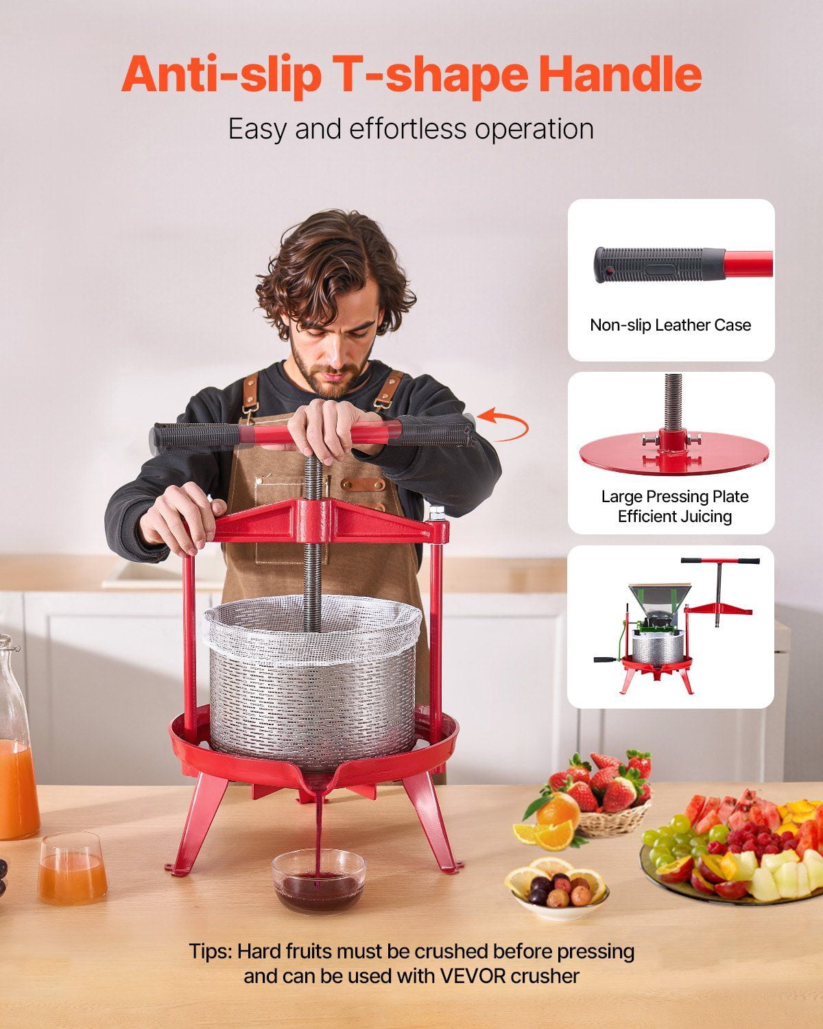 Manual Fruit Wine Press for Wine Making, 2.38 Gal/9L Stainless Steel Juice Extractor with Cast Iron Crossbeam, Large Capacity, T-Handle Spiral Press, Removable Basket, Ideal for Home, Farm, or Winery