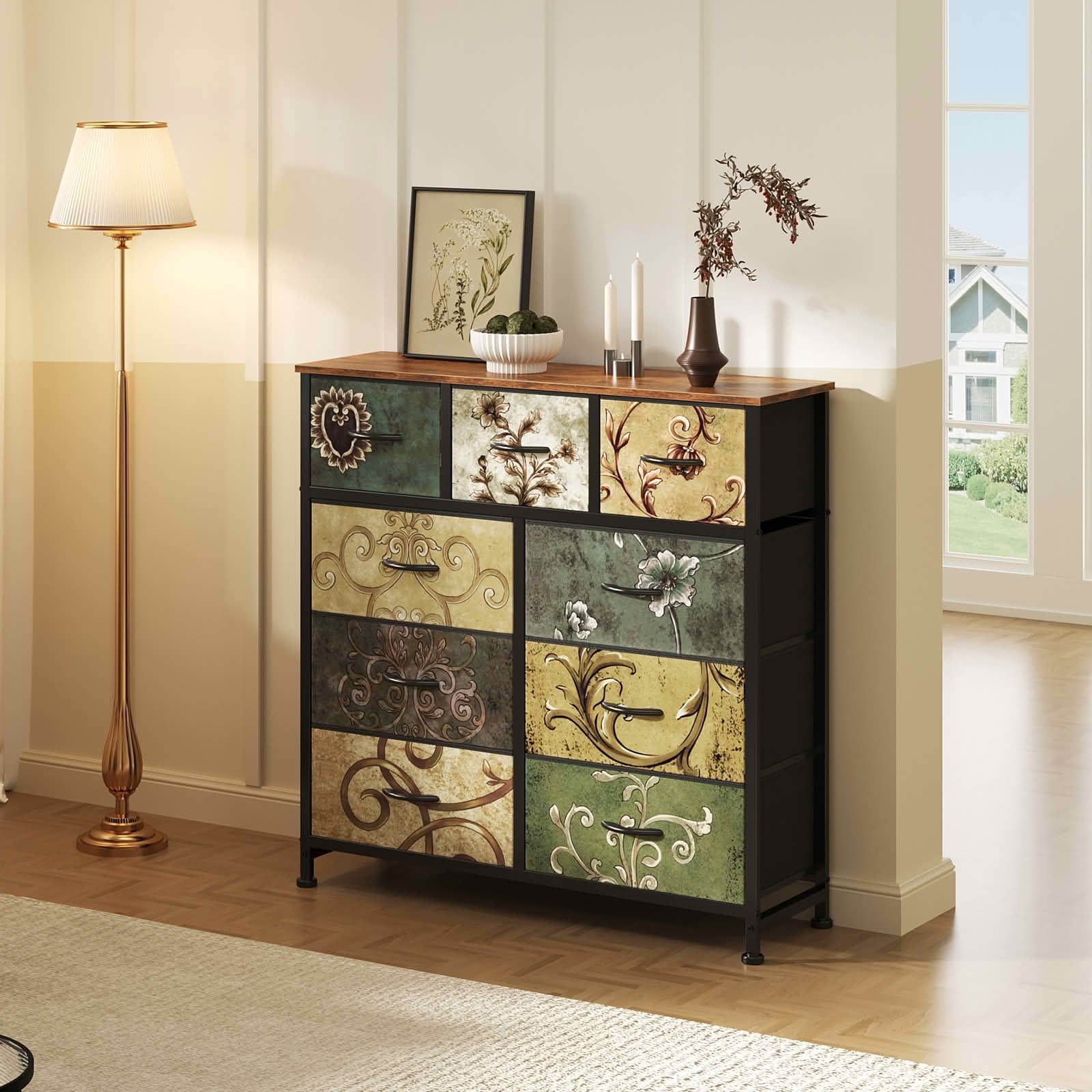 MAYEERTY Bedside Storage Cabinet with Movable Fabric Box, Sturdy Steel-Framed Wooden Top Organizer