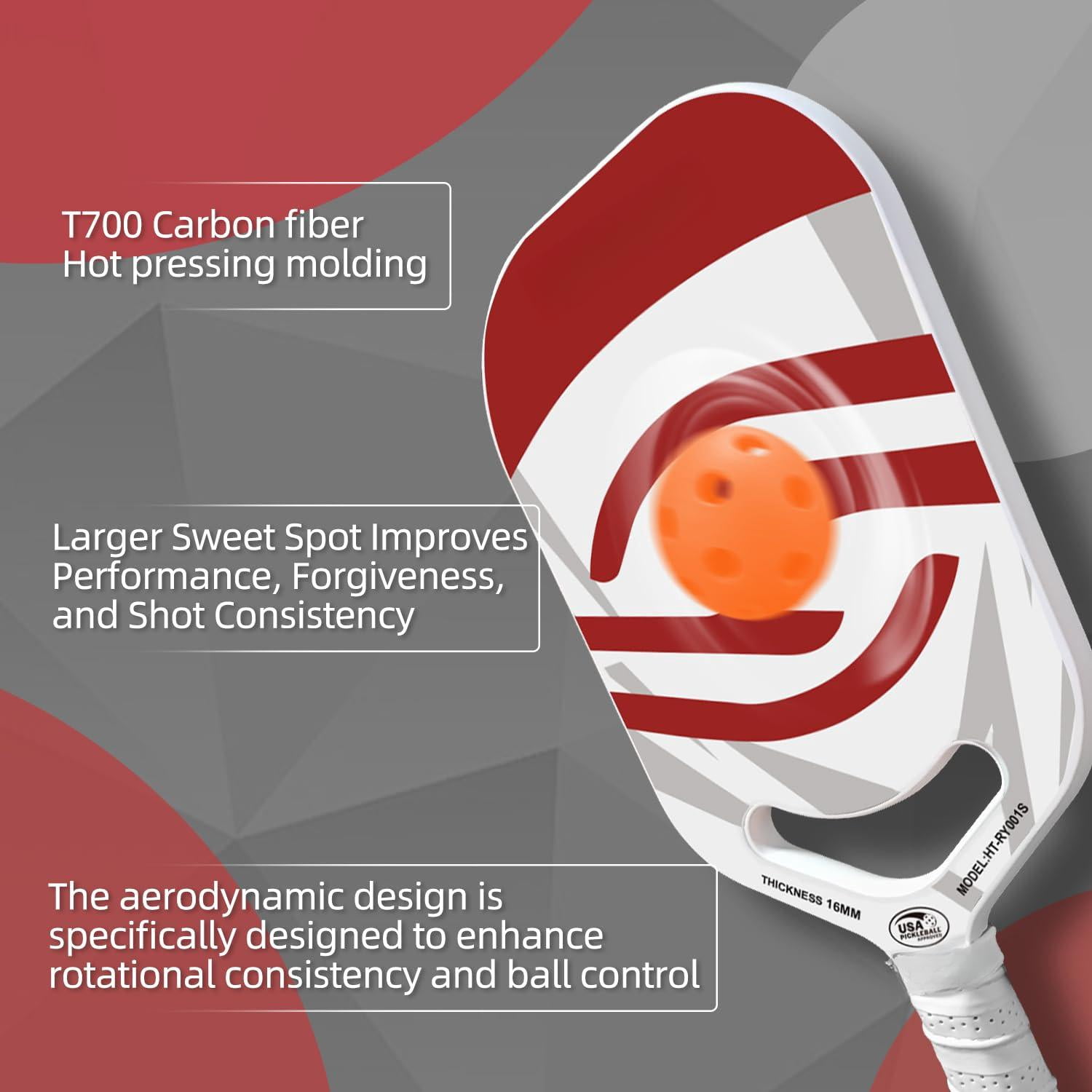 Pickleball Paddles | T700 Carbon Fiber Paddle With Aero Throat Hot-press Moulding 16mm Polymer Core Specifically Engineered For Swing Speed And Manoeuvrability