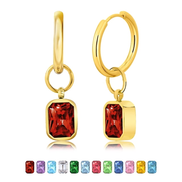 JeenMata Aros de 2 Quilates con Bisel y Piedra Natal de Enero, Talla Esmeralda, Granate, Chapados en Oro Amarillo