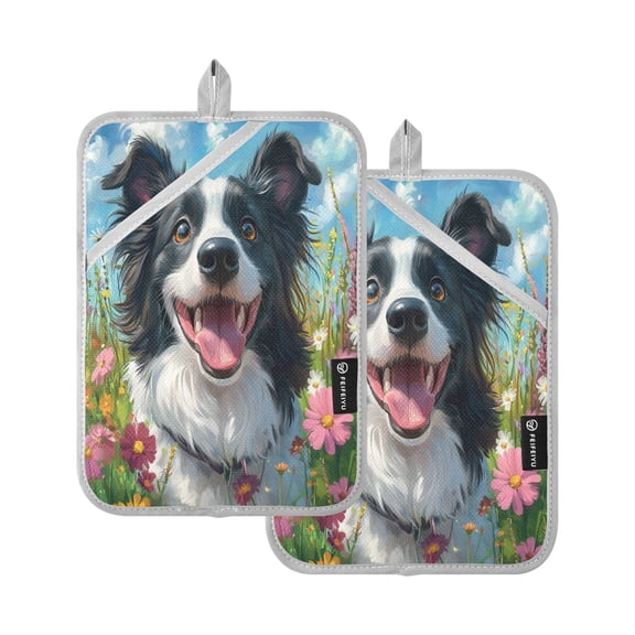 BZSMCE Pot Holder Oven Mitts Cooking Baking Happy Dog Among Blooms Creative Pattern Size:7x9.8in