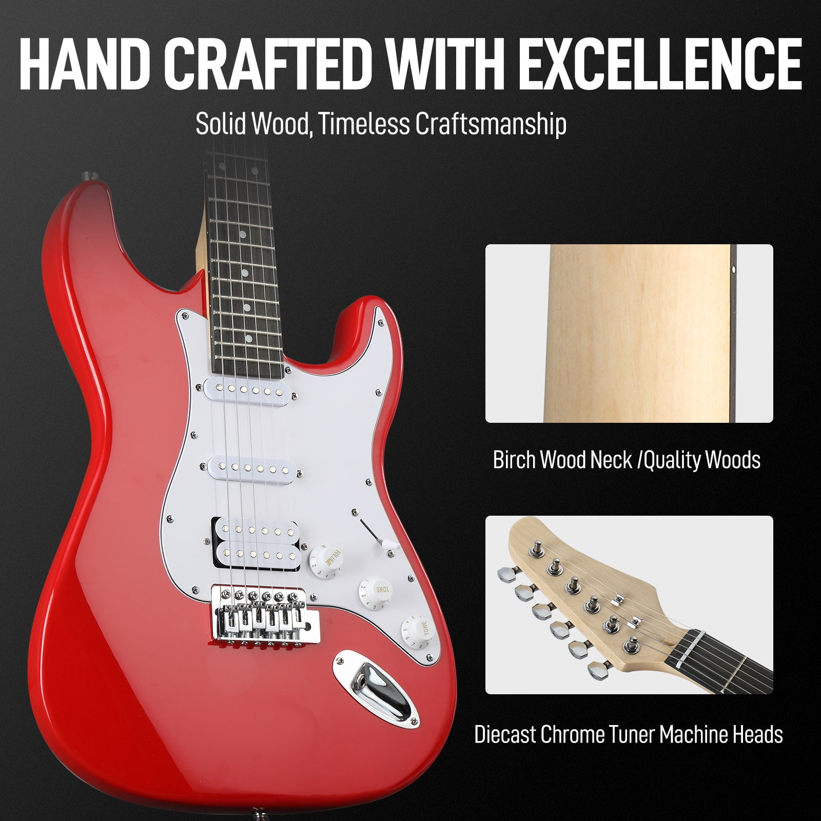 Ktaxon KST 39in Electric Guitar Starter Kit with 5W Bluetooth Amp, Gig Bag, Strap & Accessories – Right-Handed, H-S-S Pickups, Red