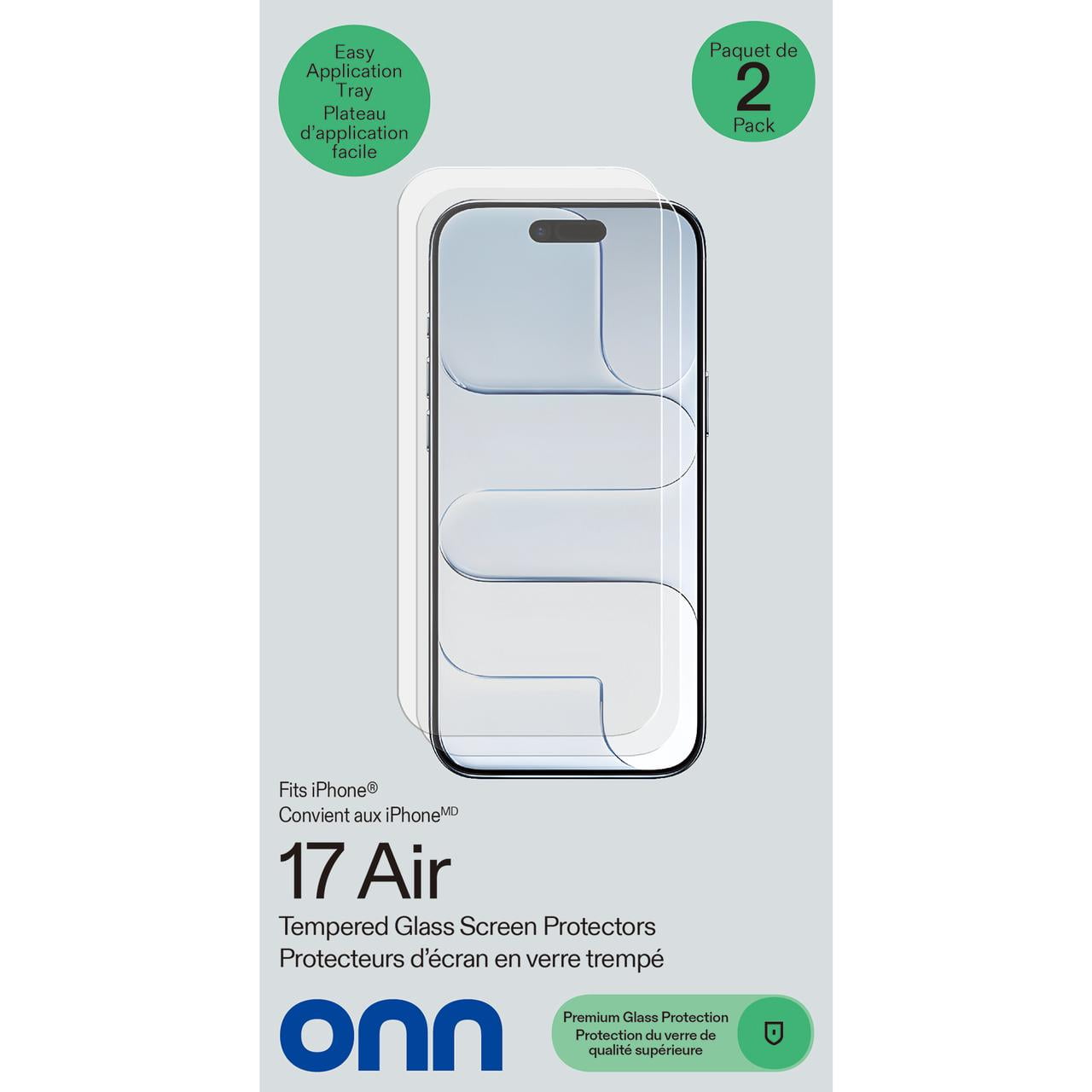 Onn 2-Pack Premium Scratch-and Impact-Absorbing Tempered Glass Screen Protectors for iPhone 17 Air