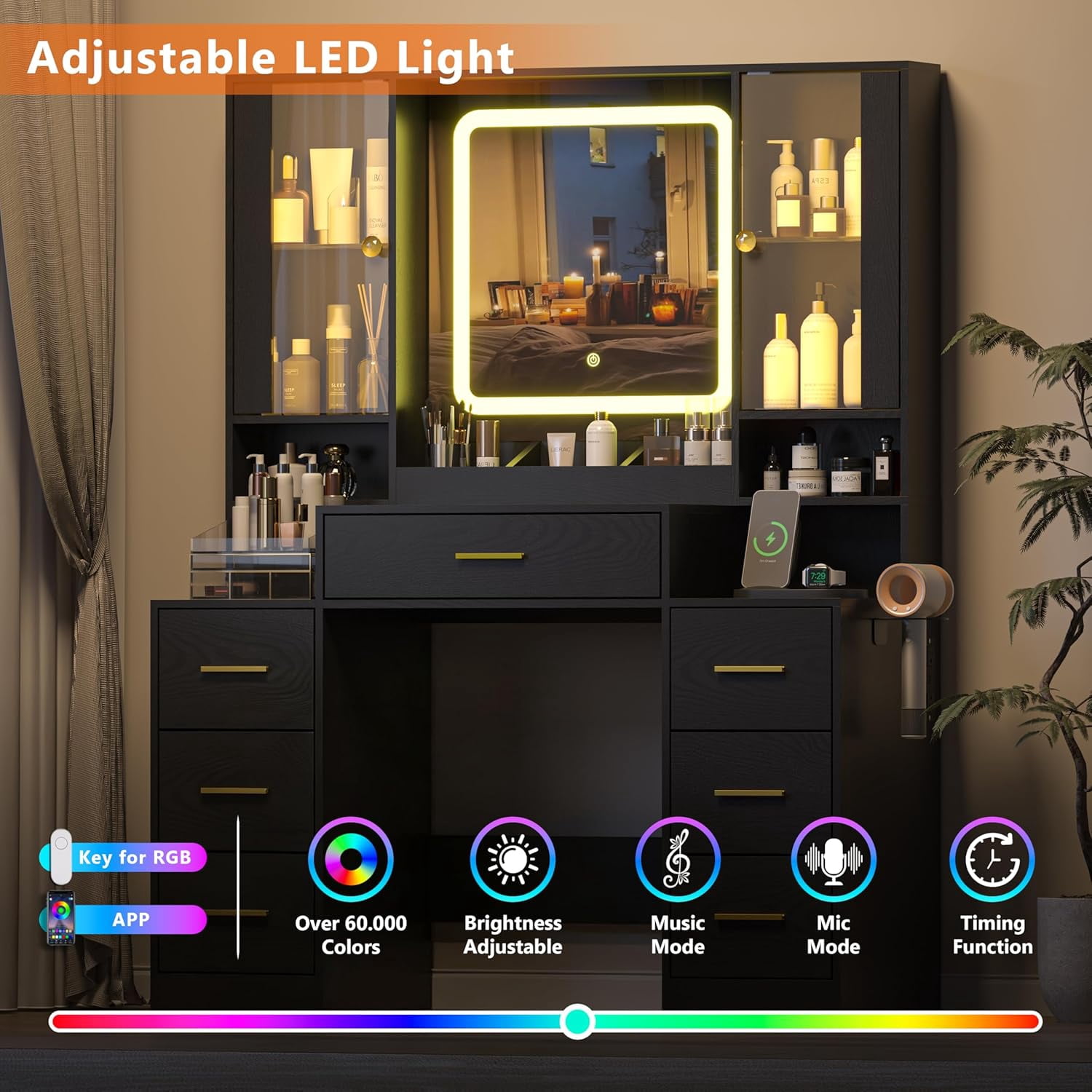 FANRAL Large Vanity Desk with LED Lighted Mirror & RGB Glass Cabinets,Built-in Charging Station & 7 Drawers,Modern Dressing Table for Bedroom Beauty Spaces,Black Vanity