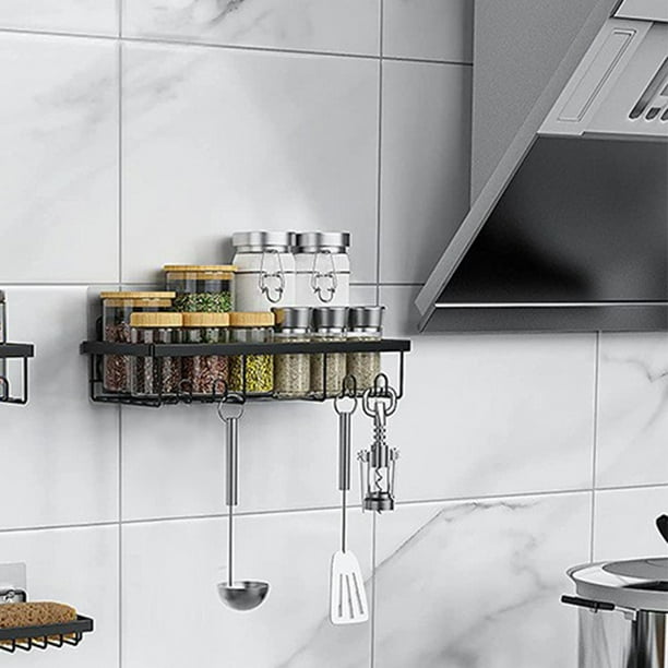 Hogar y cocina, cesta para ducha y baño, caja de almacenamiento colgante de pared negra con ganchos resistentes sin perforaciones, organizador de almacenamiento flotante, percha para baño, estante par