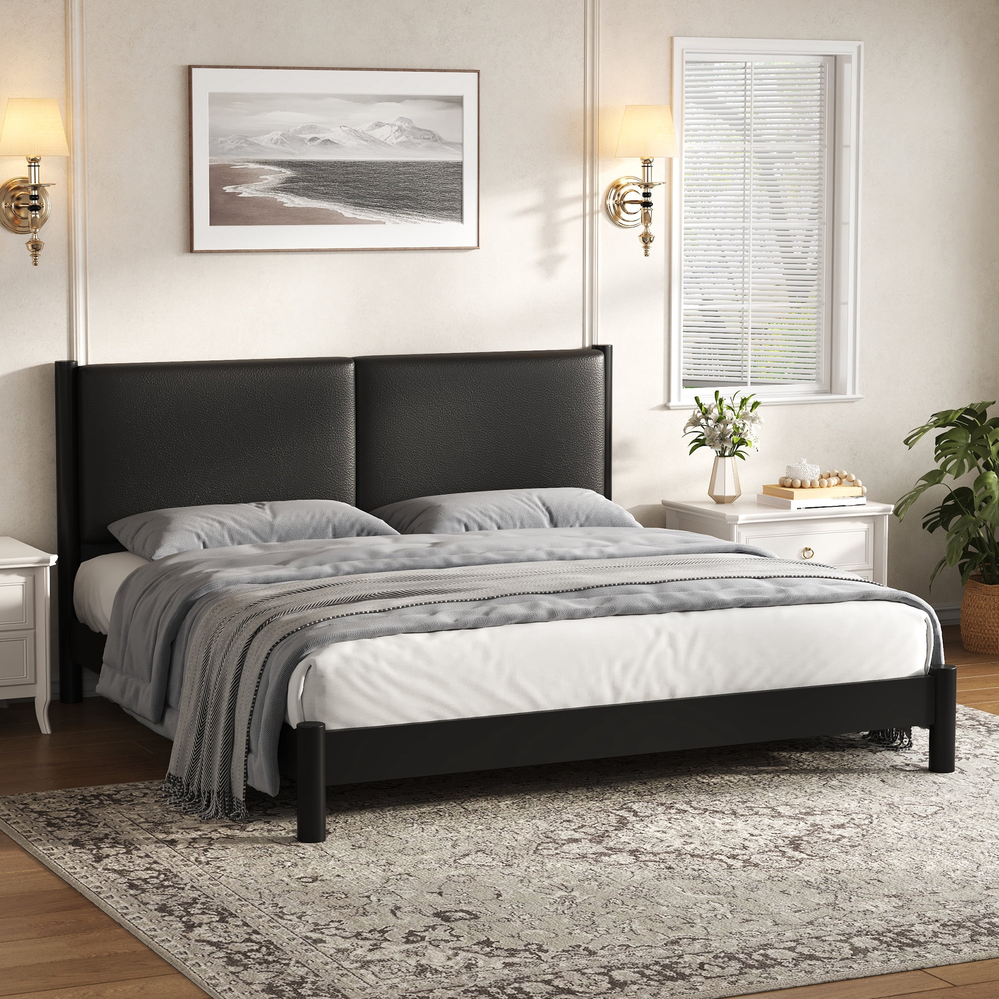 Euroco Wood King Size Platform Bed with PU Leather Headboard, No Box Spring Needed, Black