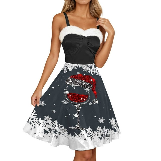 Krdevn Christmas Decor,Elegant Formal Dress with Neckline and Wine Glass Print For