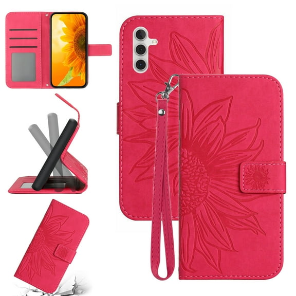 Feishell Slim Wallet Case for Samsung Galaxy A14 5G,for Men Women,Sunflower Embossed Pattern PU Leather Flip Cover Magnetic Closure Folio Card Slots Kickstand Phone Case with Hand Strap,Rose