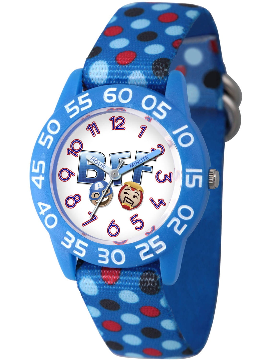 Emoji Kids' Iron Man and Captain America Blue Plastic Time Teacher Watch, Blue Nylon Strap with Polka Dot Printing