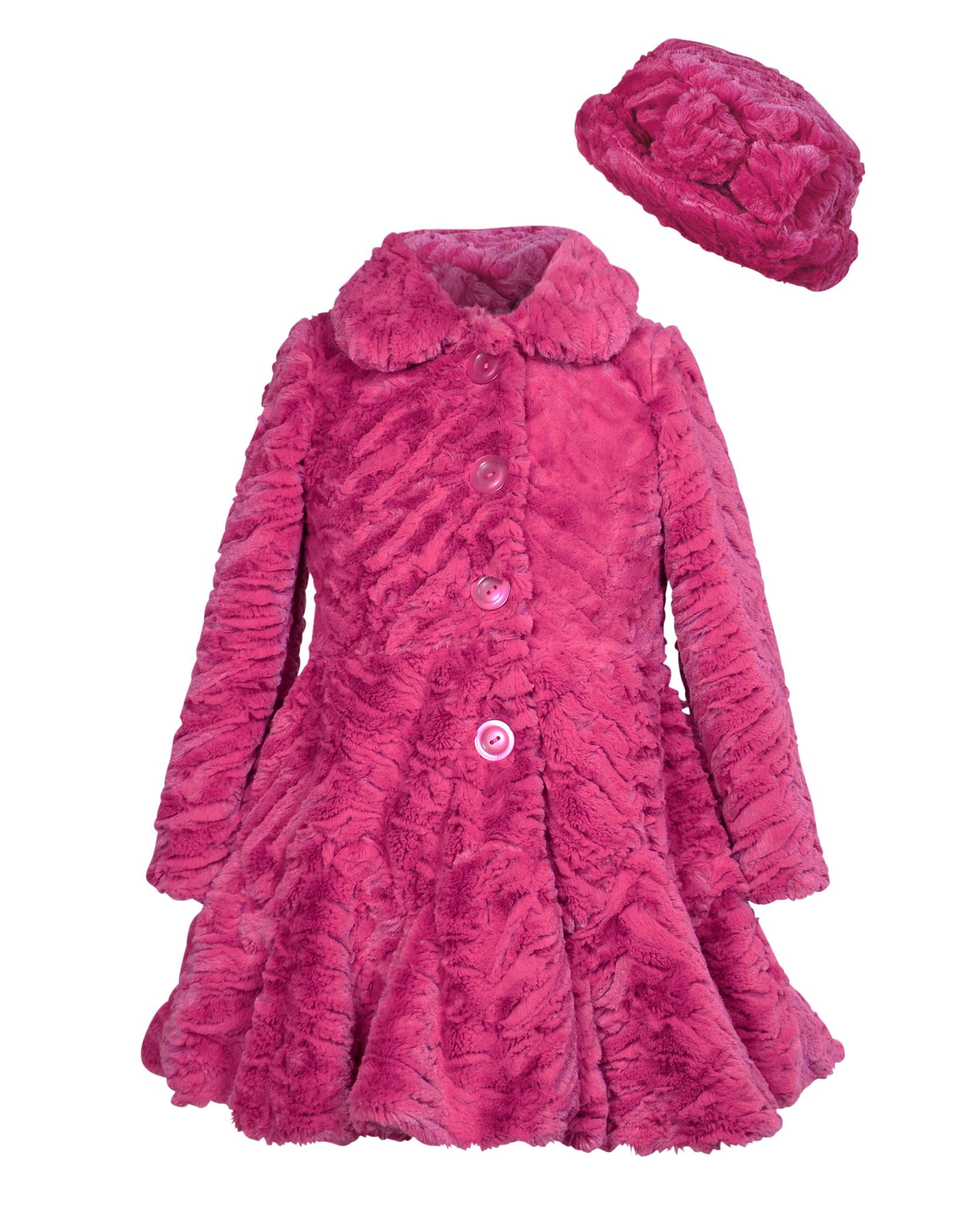 Girls Fuchsia Ruffled Fleece Coat and Matching Hat Set