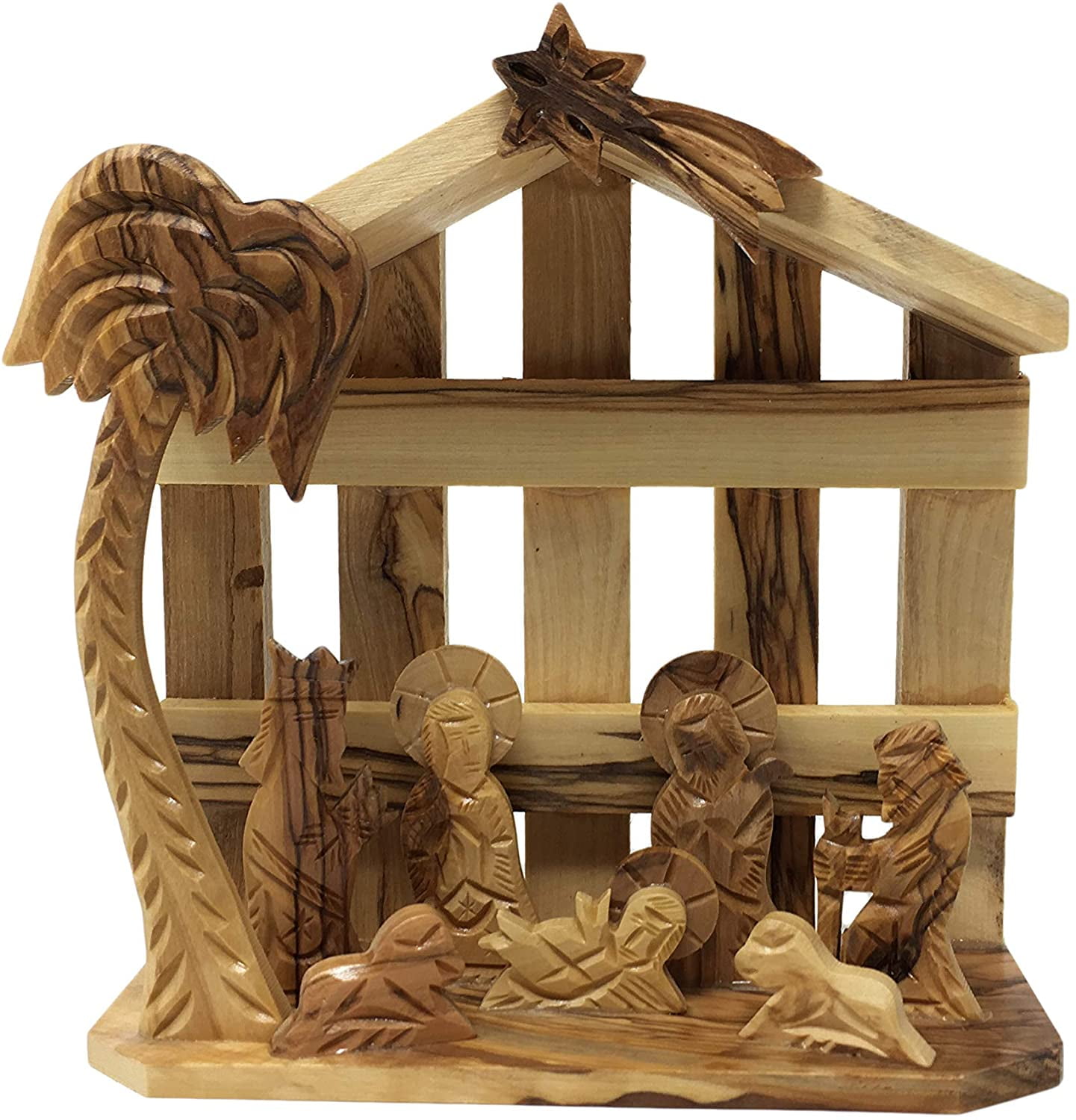 Olive Wood Handmade Christmas Nativity Set Baby Jesus Manger Ornament 4 Pieces 