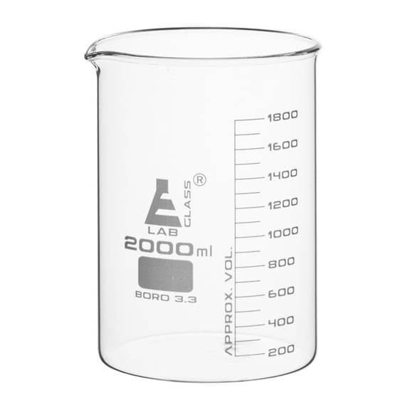 Beaker, 2000ml - Borosilicate Glass, Low Form, with Spout - 200ml Graduations - Eisco Labs