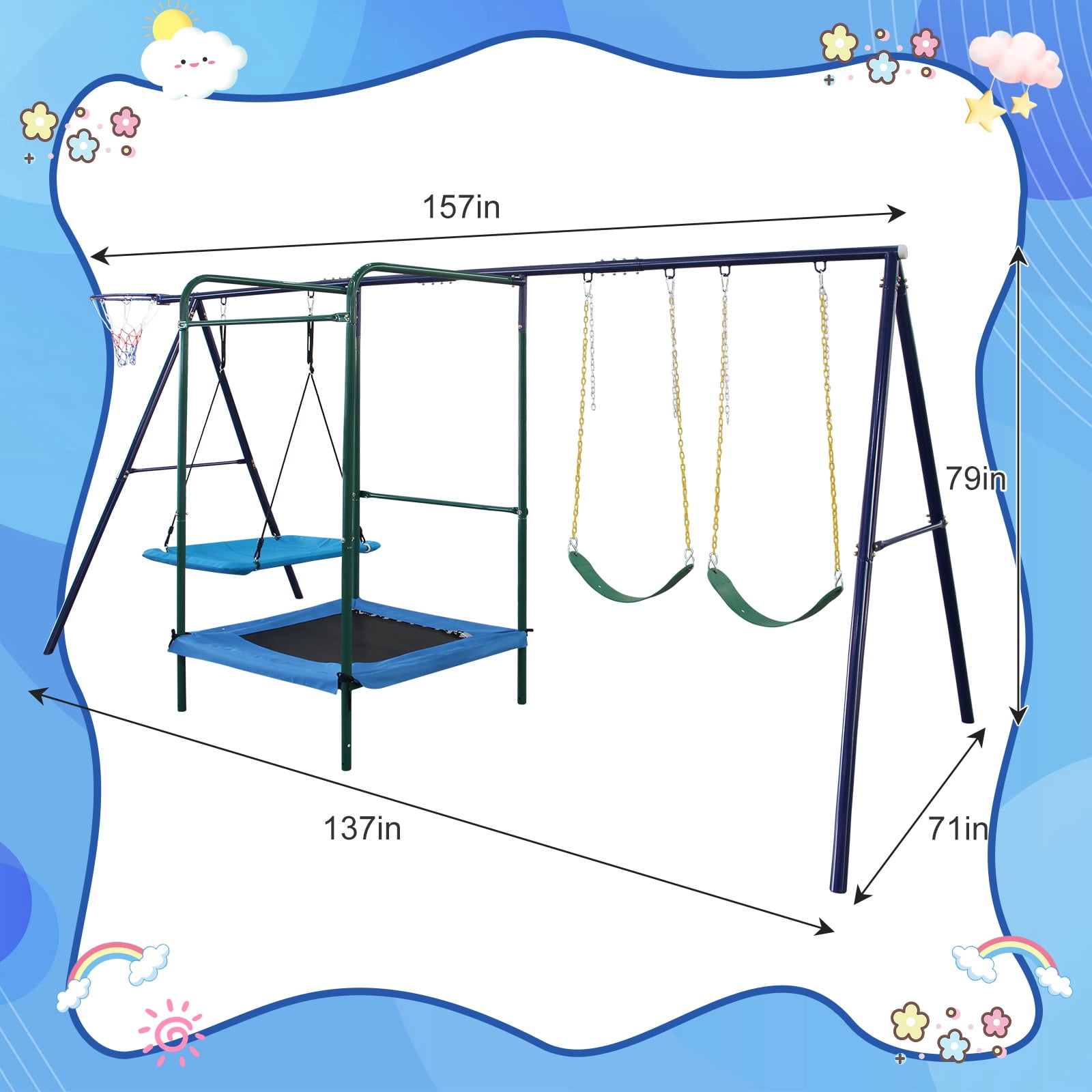Hommoo 4 in 1 Swing Set With Belt Swing, Hammock Swing, Trampolone,Basket Rim for Backyard, Multicolor