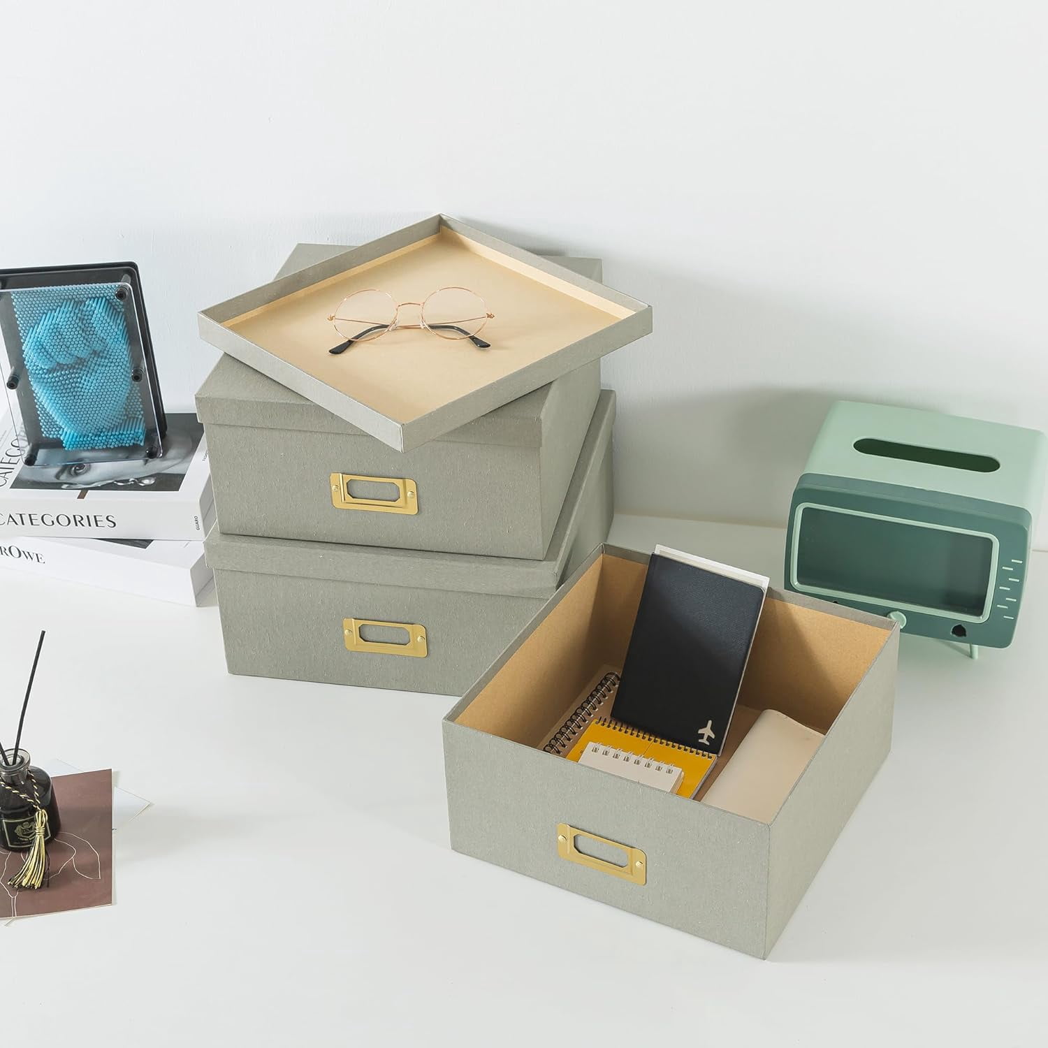 Square Stacking Boxes with Lids and Gold Label Holders, Decorative Photo Storage, Nesting Cardboard Set for Decor and Organizing
