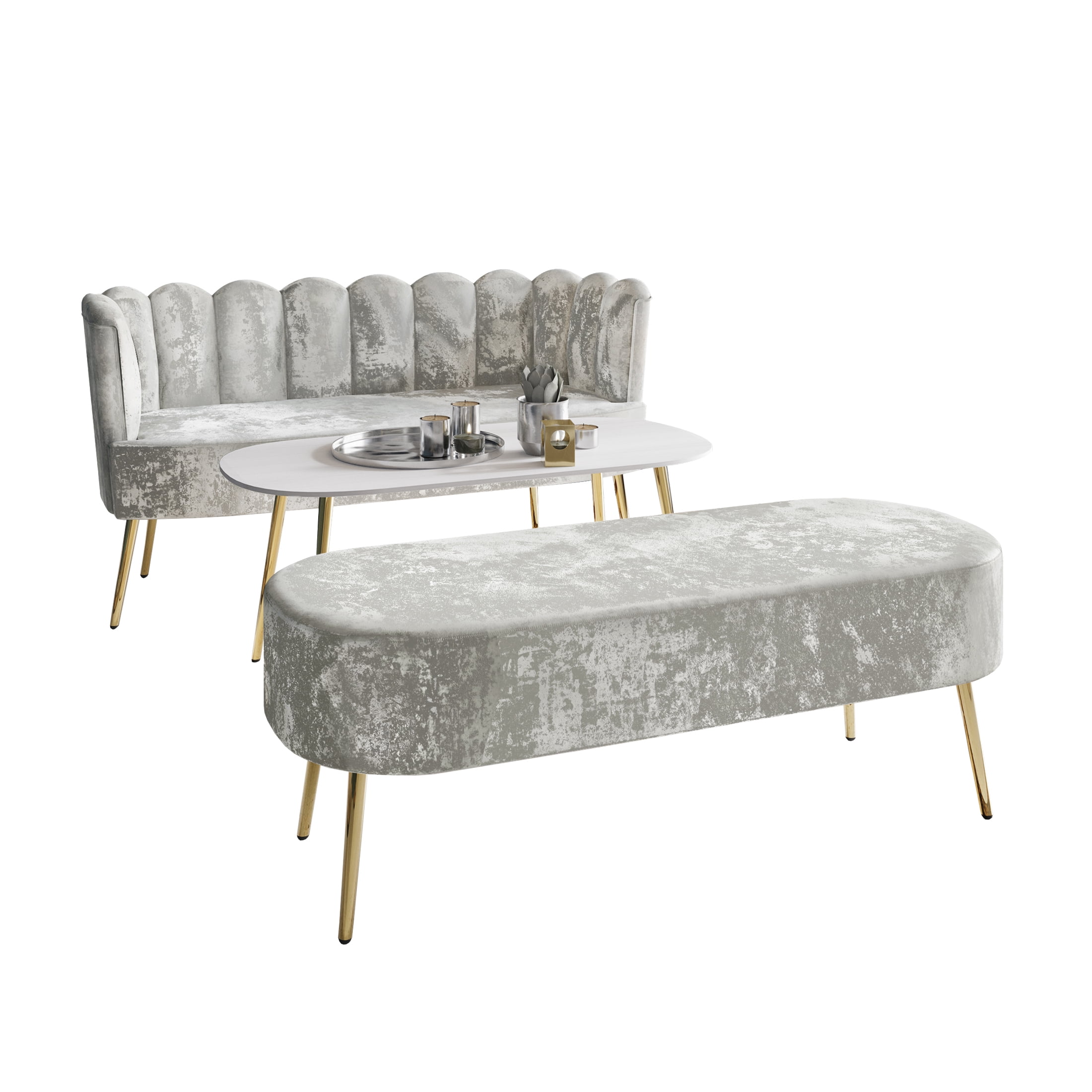 Castle Place Modern Luxury Upholstered Velvet Love Seat with Bench and Coffee Table, Silver Grey