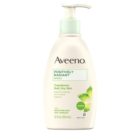 Aveeno Positively Radiant Daily Moisturizing Body Lotion with Moisture-Rich Soy Complex, Skin Brightening & Nourishing Hypoallergenic Lotion for Everyday Dry Skin Care, 12 fl.
