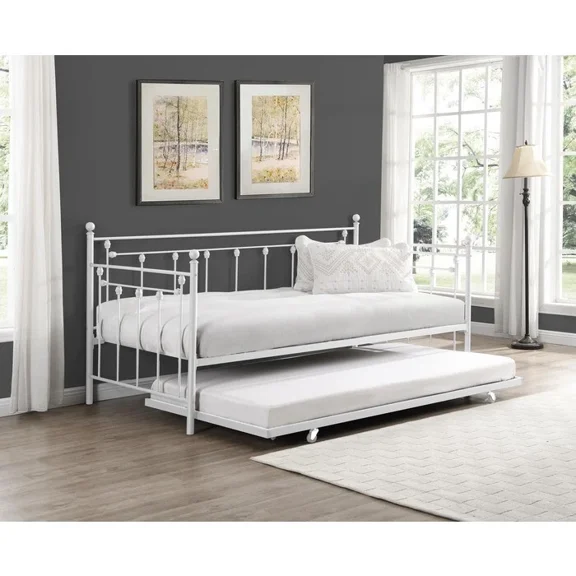 Victorian Style Metal Daybed with Trundle Twin/Twin Size Living Room Sofa Bed, White