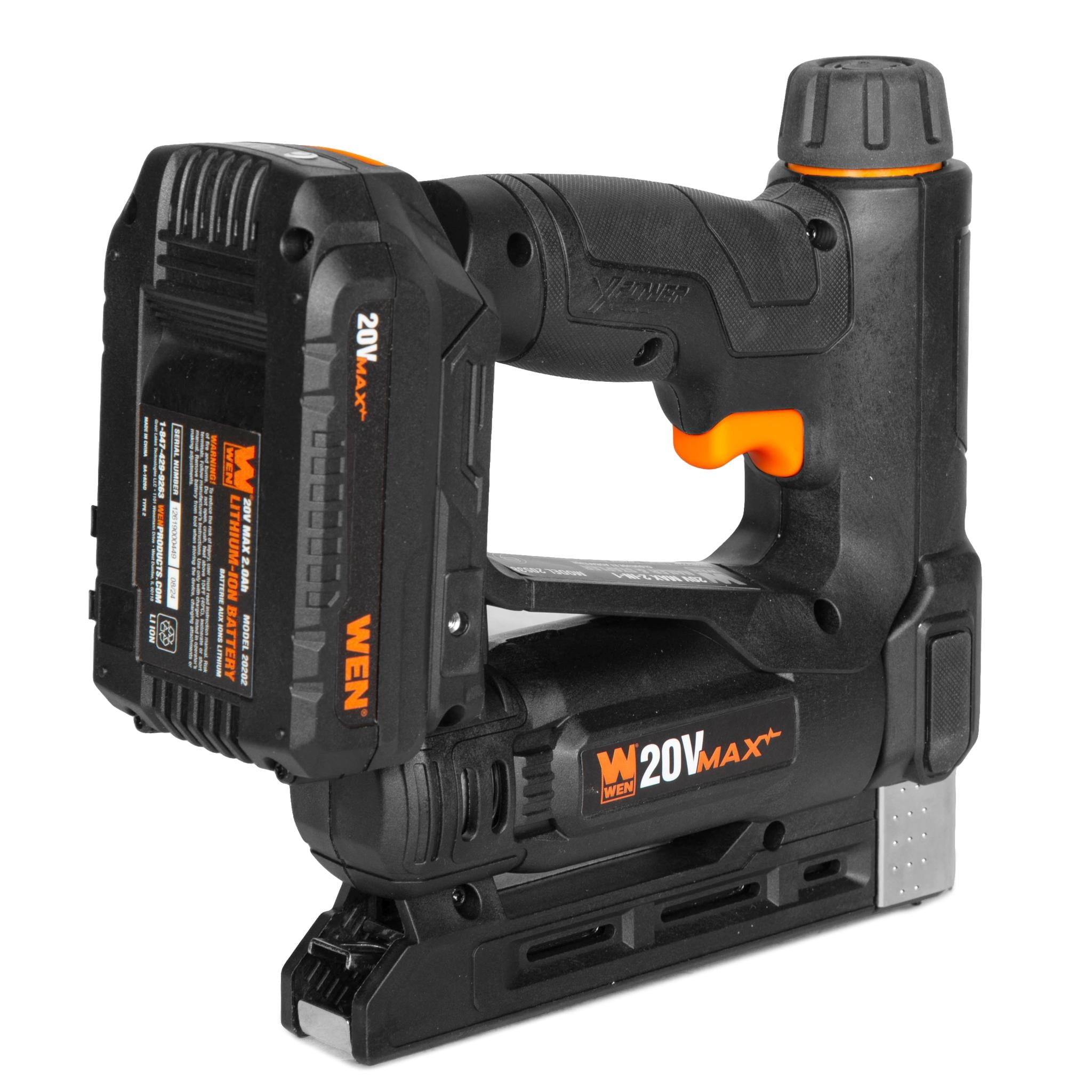 WEN 20V Max Cordless 2-in-1 18-Gauge Brad Nailer and T50 Crown Stapler with 2.0Ah Battery and Charger (20539)
